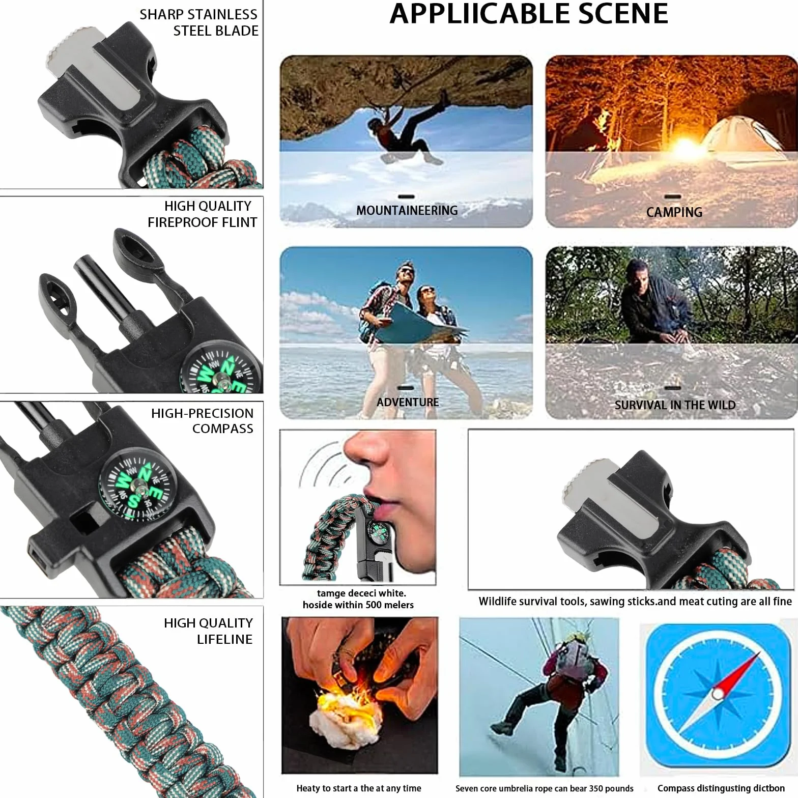 KITDAHOM 6 sztuk bransoletek survivalowych – 5 w 1 bransoletka outdoorowa 26 cm x 2,5 cm – paracord – z krzesiwem, gwizdkiem, kompasem, skrobakiem, liną – na wędrówki, kemping, sytuacje awaryjne