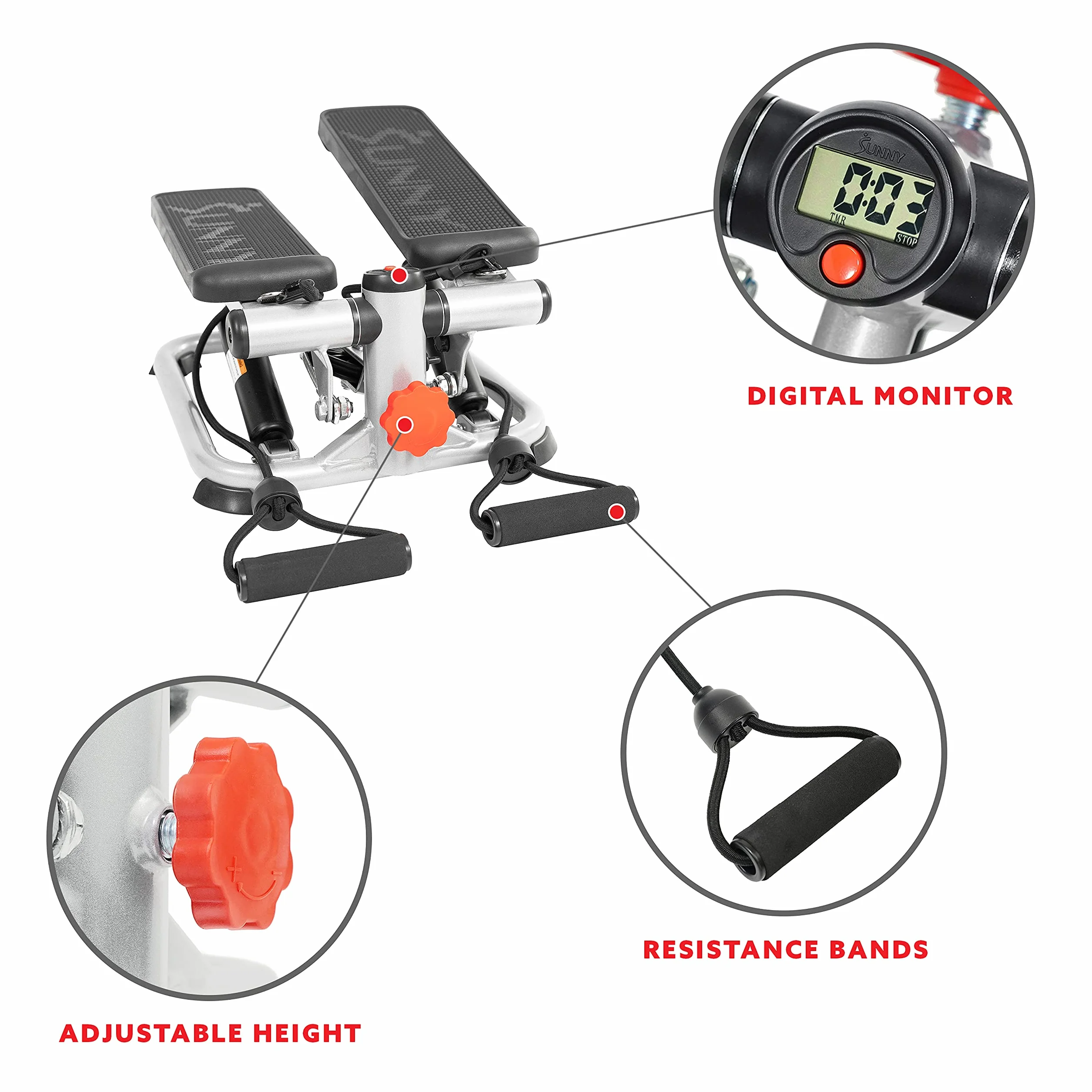 Sunny Health & Fitness Mini Stepper, Stepper Schodowy, Maszyna do ćwiczeń całego ciała z taśmami oporowymi i monitorem LCD do ćwiczeń w domu - SF-S0978