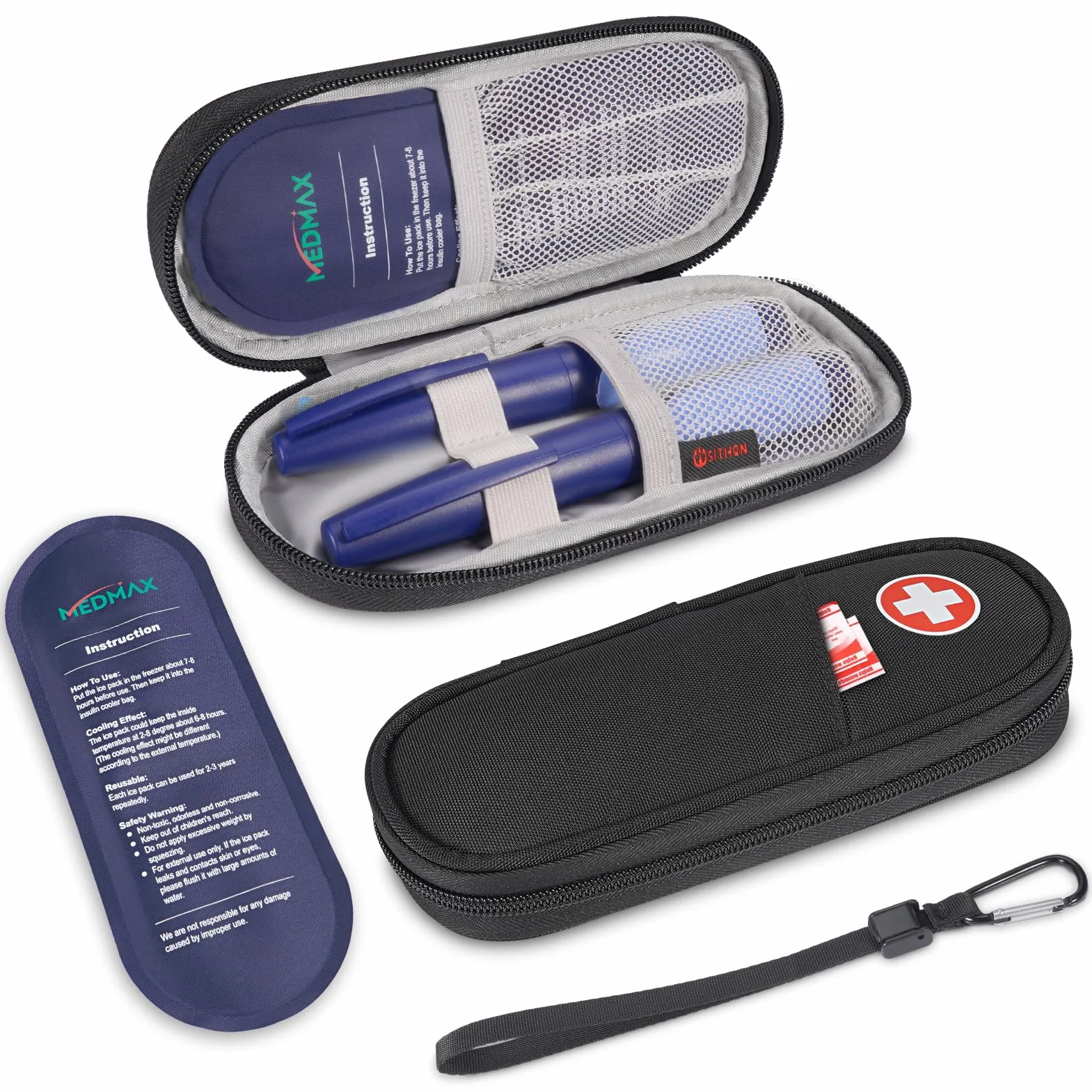 MEDMAX Etui podróżne na insulinę z 2 opakowaniami na lód wielokrotnego użytku zatwierdzone przez TSA