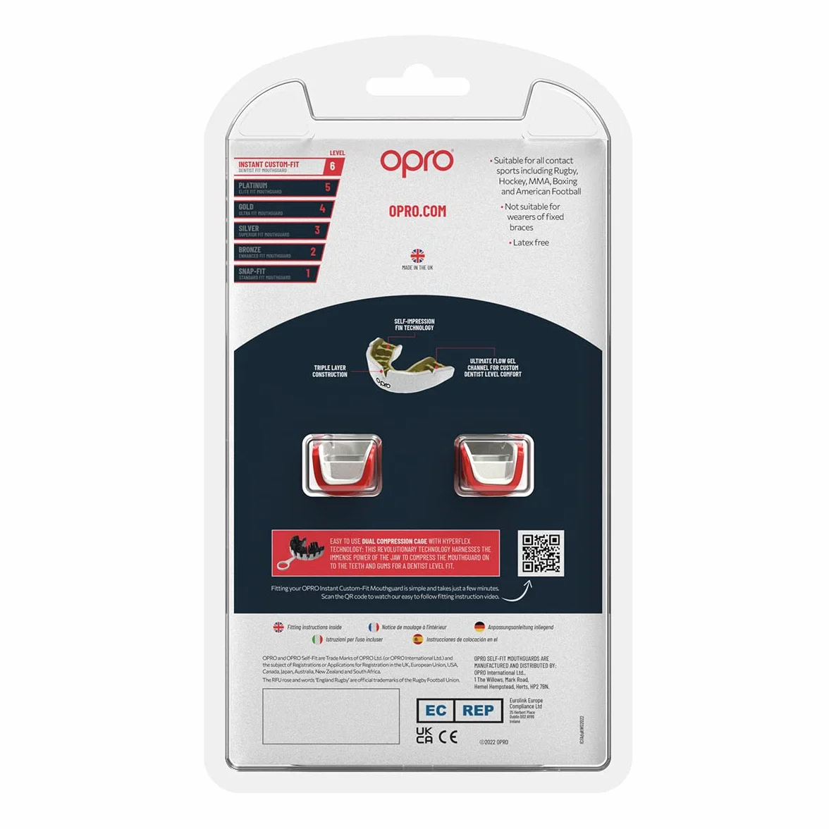 OPRO Natychmiastowa osłona na zęby dla dentysty, rewolucyjna technologia dopasowania dla najwyższego komfortu, ochrony i dopasowania, osłona dziąseł do rugby, boksu, hokeja, MMA (czerwona, dla