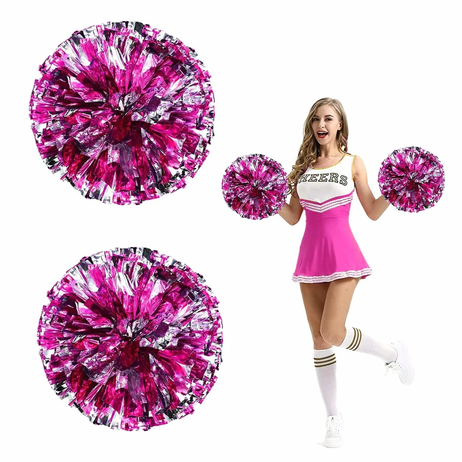 JRYGAC 2 pompony cheerleaderek, pompony cheerleaderek, metaliczne pompony cheerleaderek, pompony do cheerleaderek, akcesoria do cheerleaderek, pompony do cheerleaderek (różowo-czerwone, srebrne)