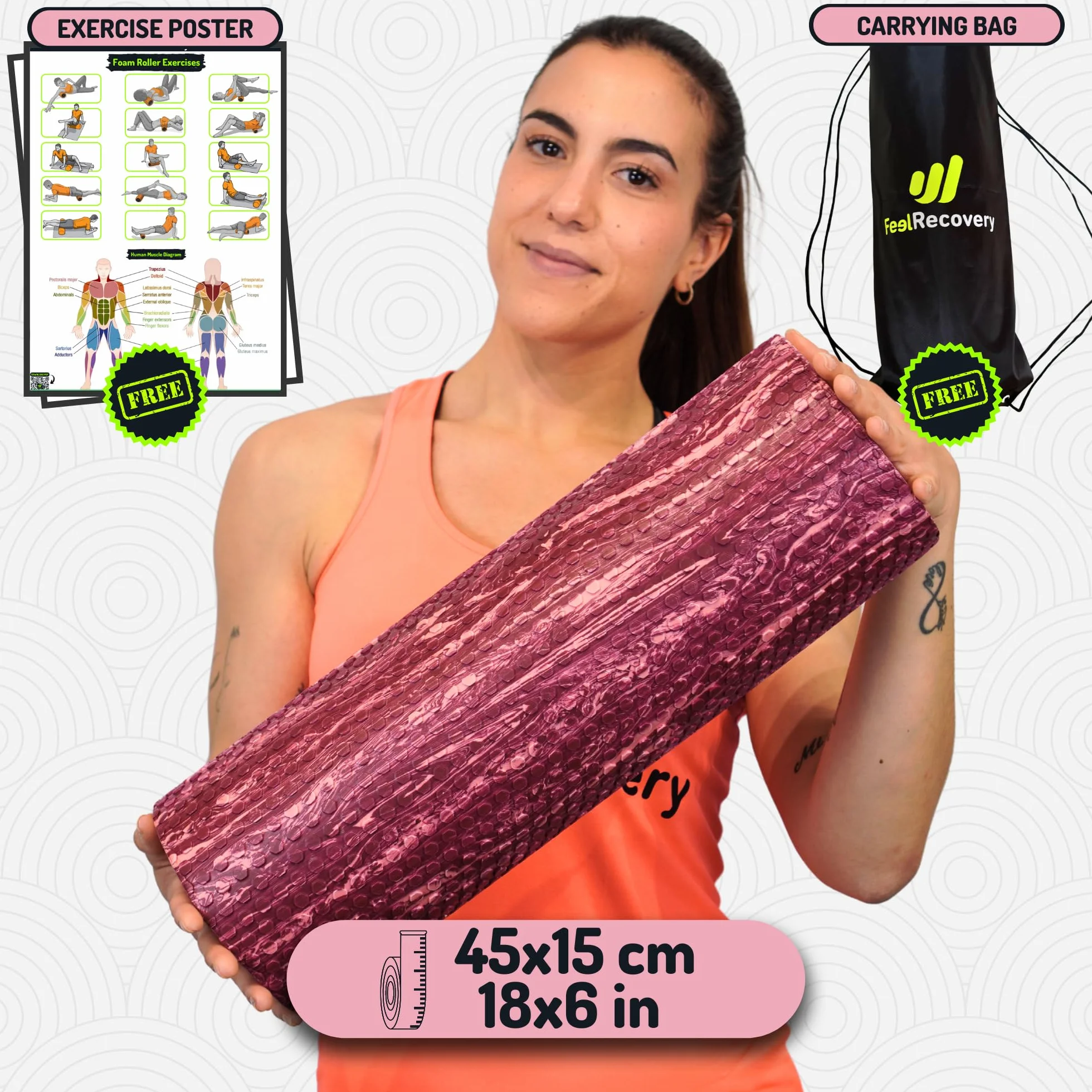 Wałek do Masażu Powięzi (45x15 cm) - EVA Wałek Piankowy Rehabilitacji na Ból Pleców, Nóg i Łydek - Foam Roller na Joga, Pilates, Sport i Fitness (Różowy)