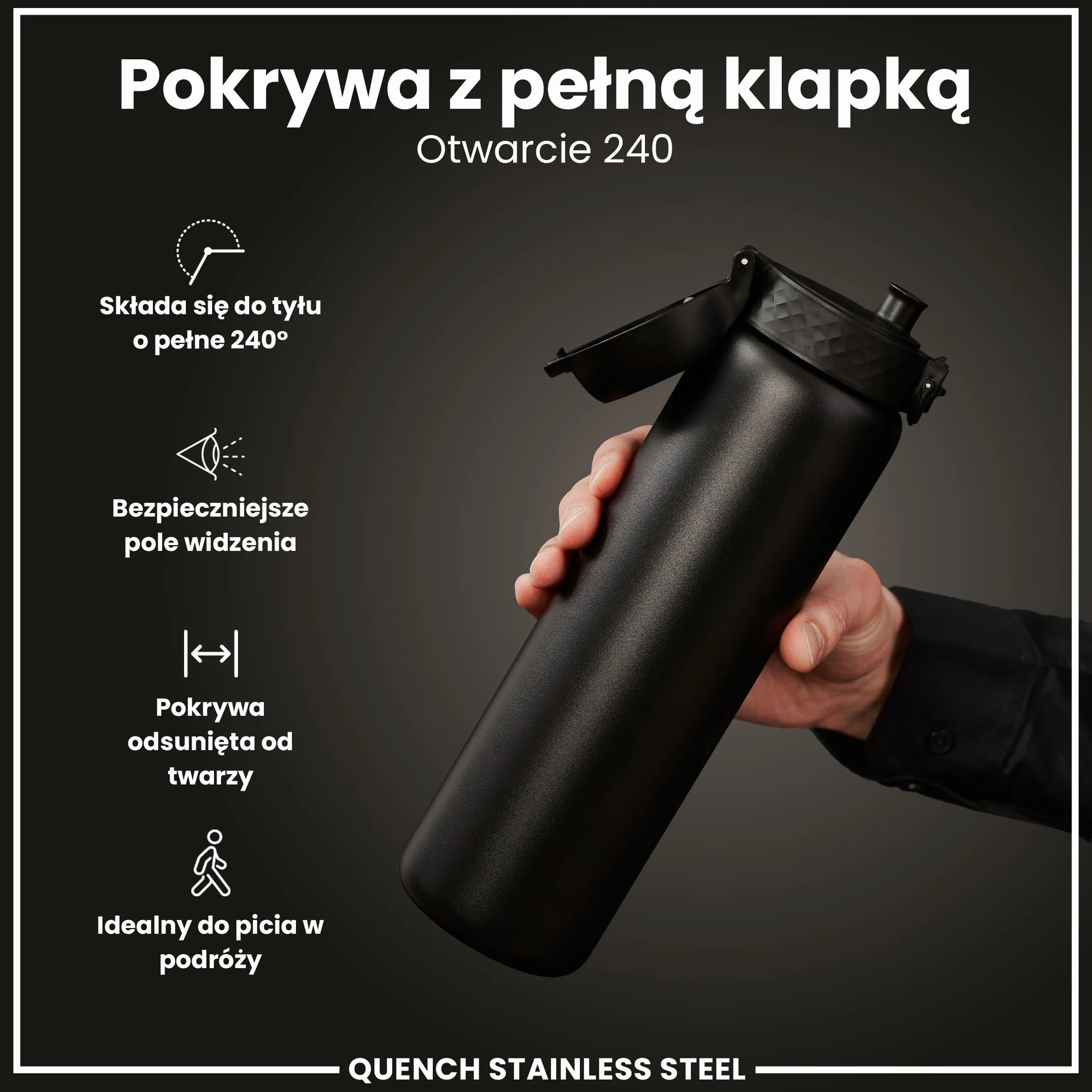 ION8 Butelka na Wodę ze Lekki Stali, 1 Litra, Nieocieplany, Szczelna, Łatwa do Otwarcia, Bezpieczne Zamykanie, Uchwyt do Noszenia, Możliwość Mycia w Zmywarce, Trwałe, Czarny
