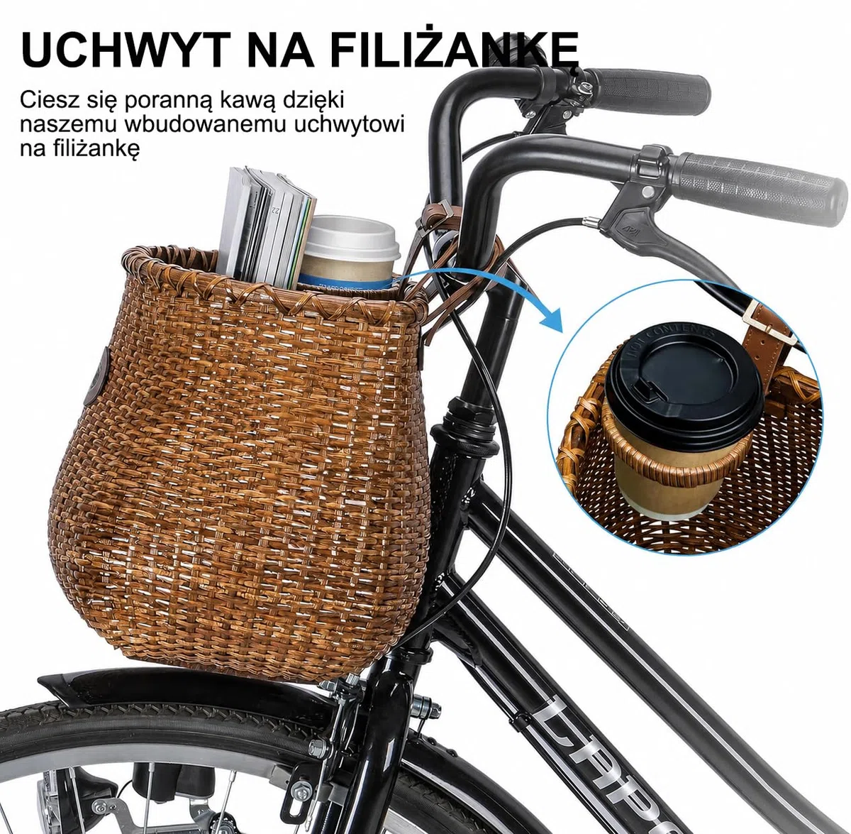 CXWXC Kosz na rower – Ręcznie pleciony rattanowy kosz dla dziewcząt i kobiet – Przedni kosz z uchwytem na kubek do rowerów plażowych, hulajnóg i rowerów elektrycznych