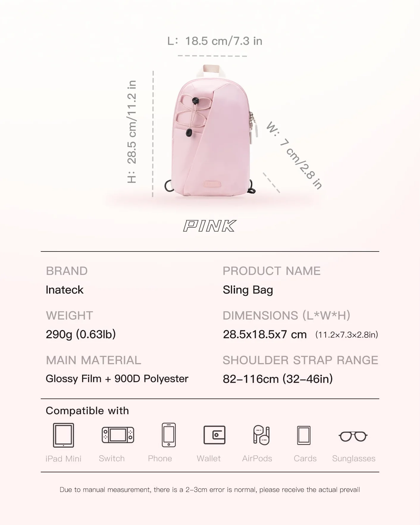 Inateck Sling Bag X-Row, lekka męska torba na ramię, odporna na zachlapanie wodą, torba na klatkę piersiową, na wędrówki, podróże, spacery, Rosa, 18.5 cm x 7 cm x 28.5 cm, casual