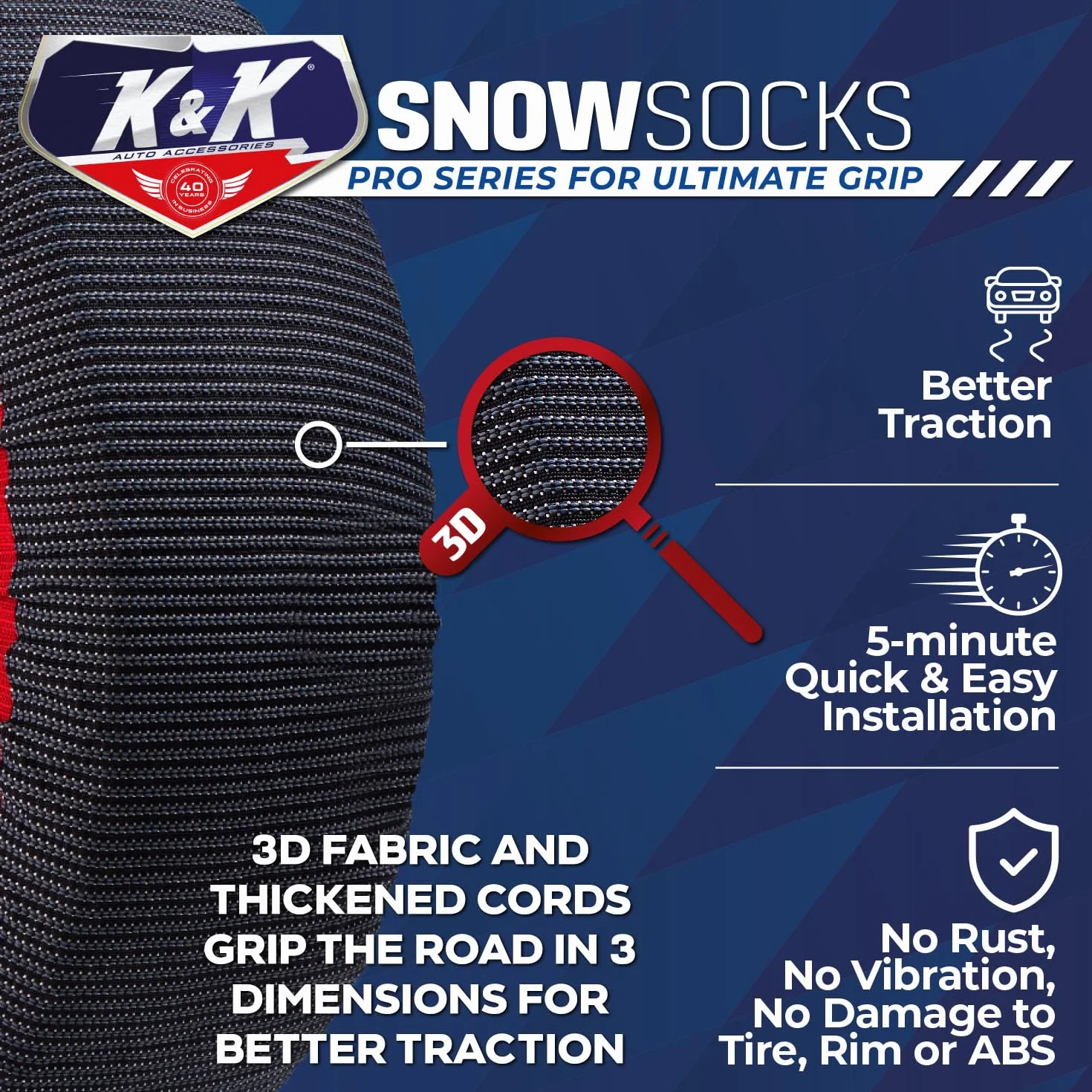 K&K Auto Accessories Snow Socks for Tires - Pro Series for Ultimate Grip Alternative for Tire Snow Chain - Snow Traction Device for Passenger Cars SUVs Trucks Winter Emergency Accessory (Medium)