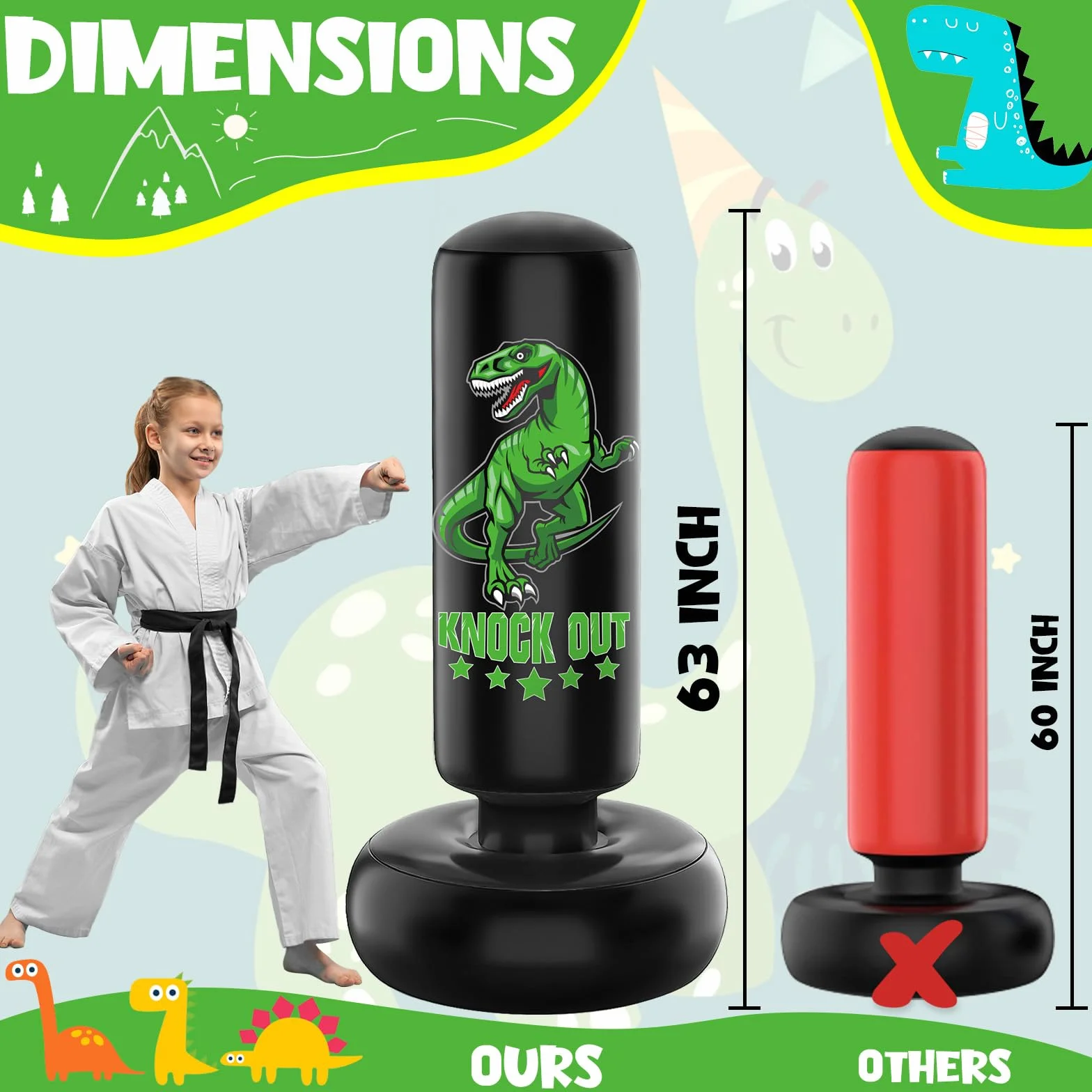 Torba bokserska dla dzieci, 160 cm, wolnostojąca torba bokserska, zestaw z rękawiczkami bokserskimi, straszny dinozaur, sportowa, nadmuchiwana torba kickboxingowa do treningu karate taekwondo