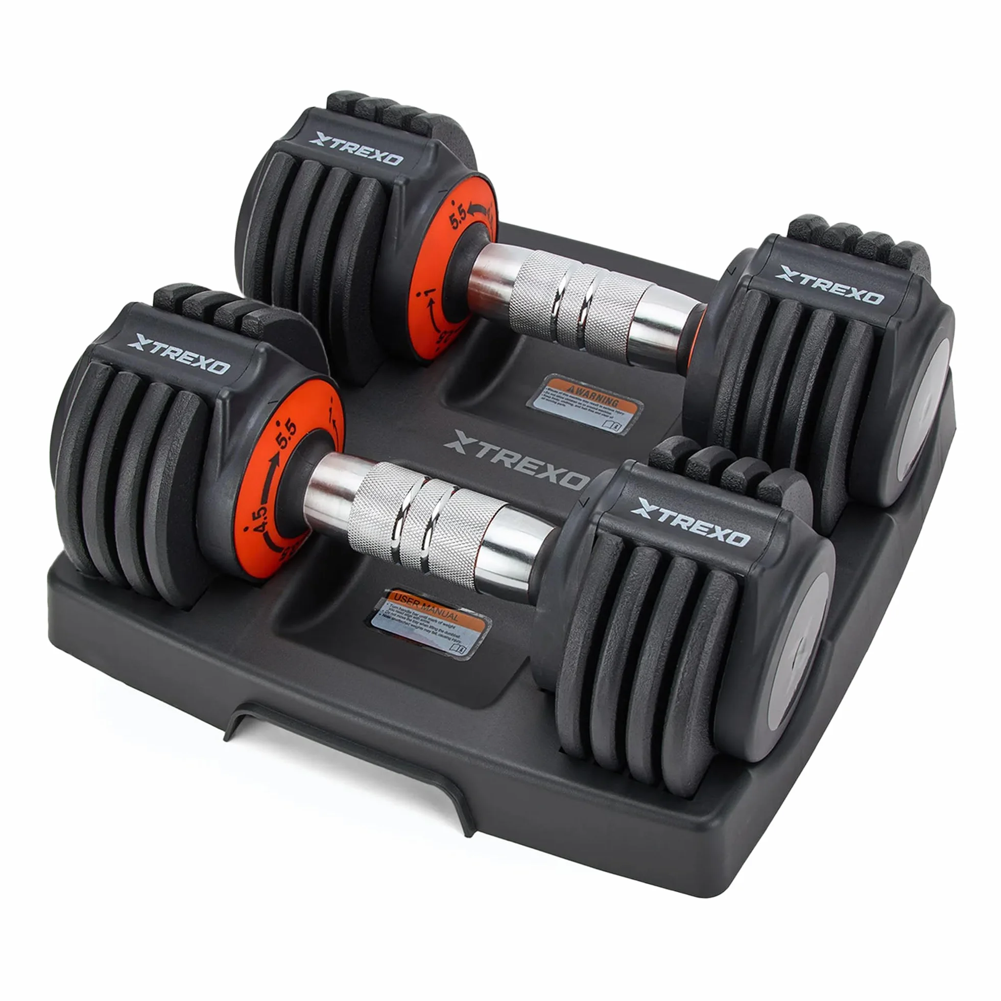 XTREXO Zestaw hantli regulowanych 2 x 5,75 kg ze stali z antypoślizgowym uchwytem, idealne do treningu siłowego w domu i na siłowni, zestaw krótkich hantli ze stabilnym cokołem