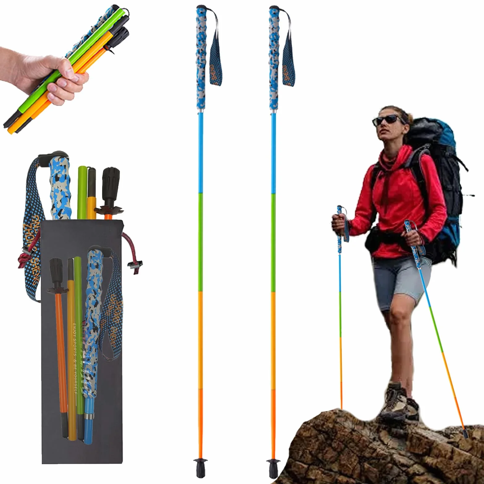 OKHEALING Ultralekkie kijki trekkingowe z włókna węglowego, składane, zestaw 2 sztuk, kijki turystyczne z uchwytami odprowadzającymi wilgoć, kijki turystyczne z torbą do przechowywania