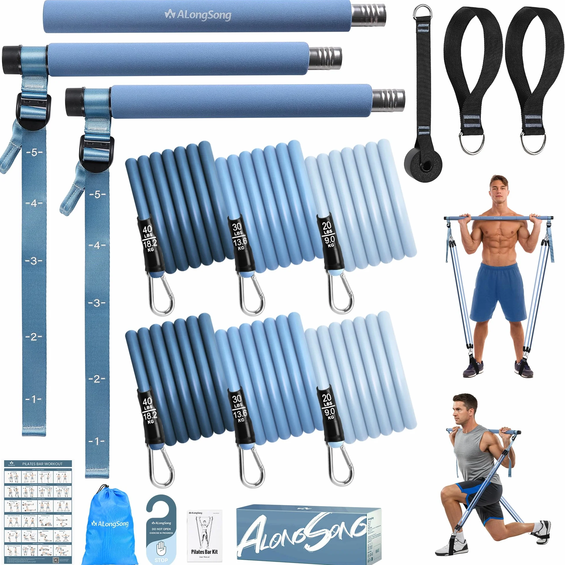 ALongSong Zestaw do pilatesu z drążkami i taśmami oporowymi 20/30/18 kg do domowego treningu