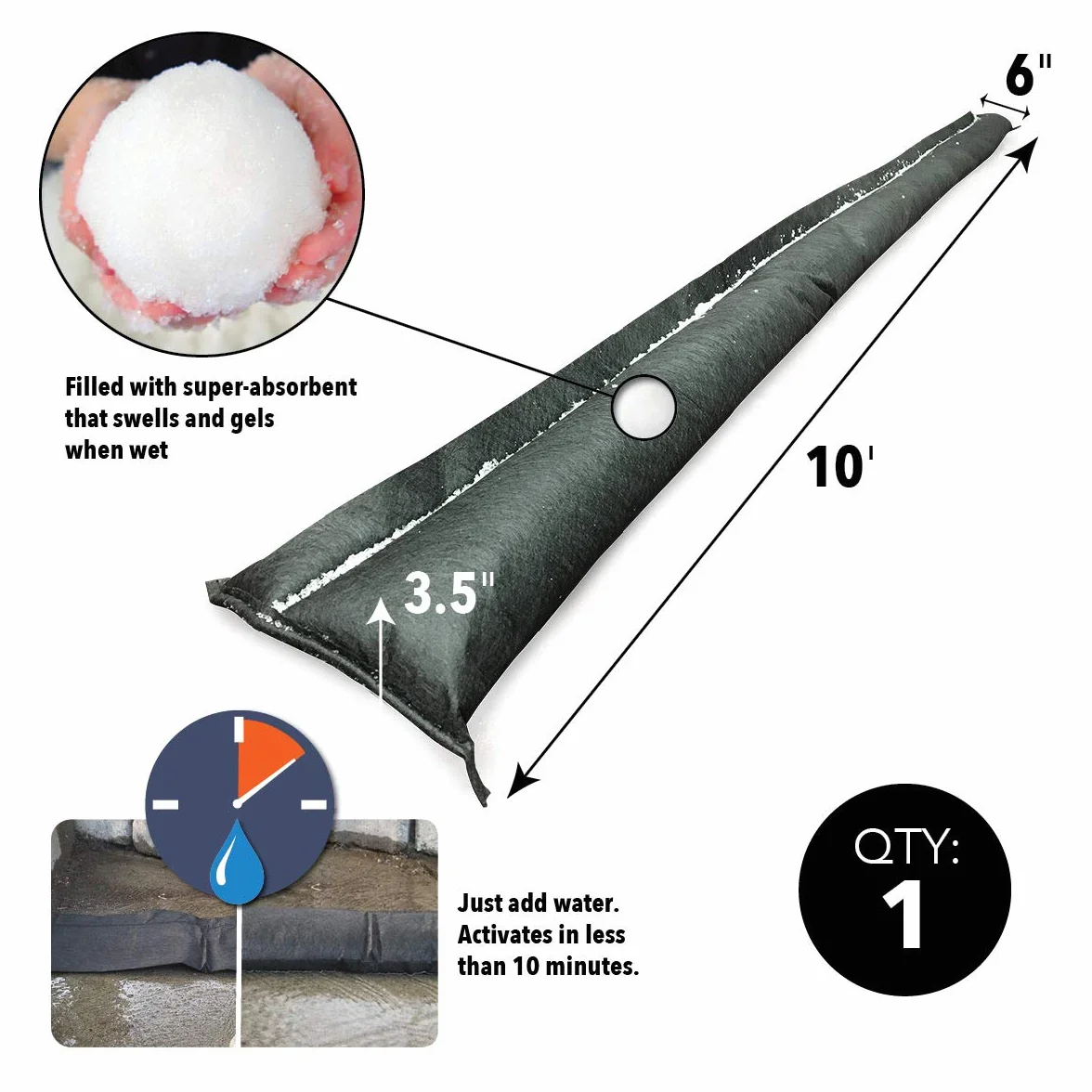 Quick Dam QD610-1 bariera przeciwpowodziowa aktywowana wodą 3 m czarna