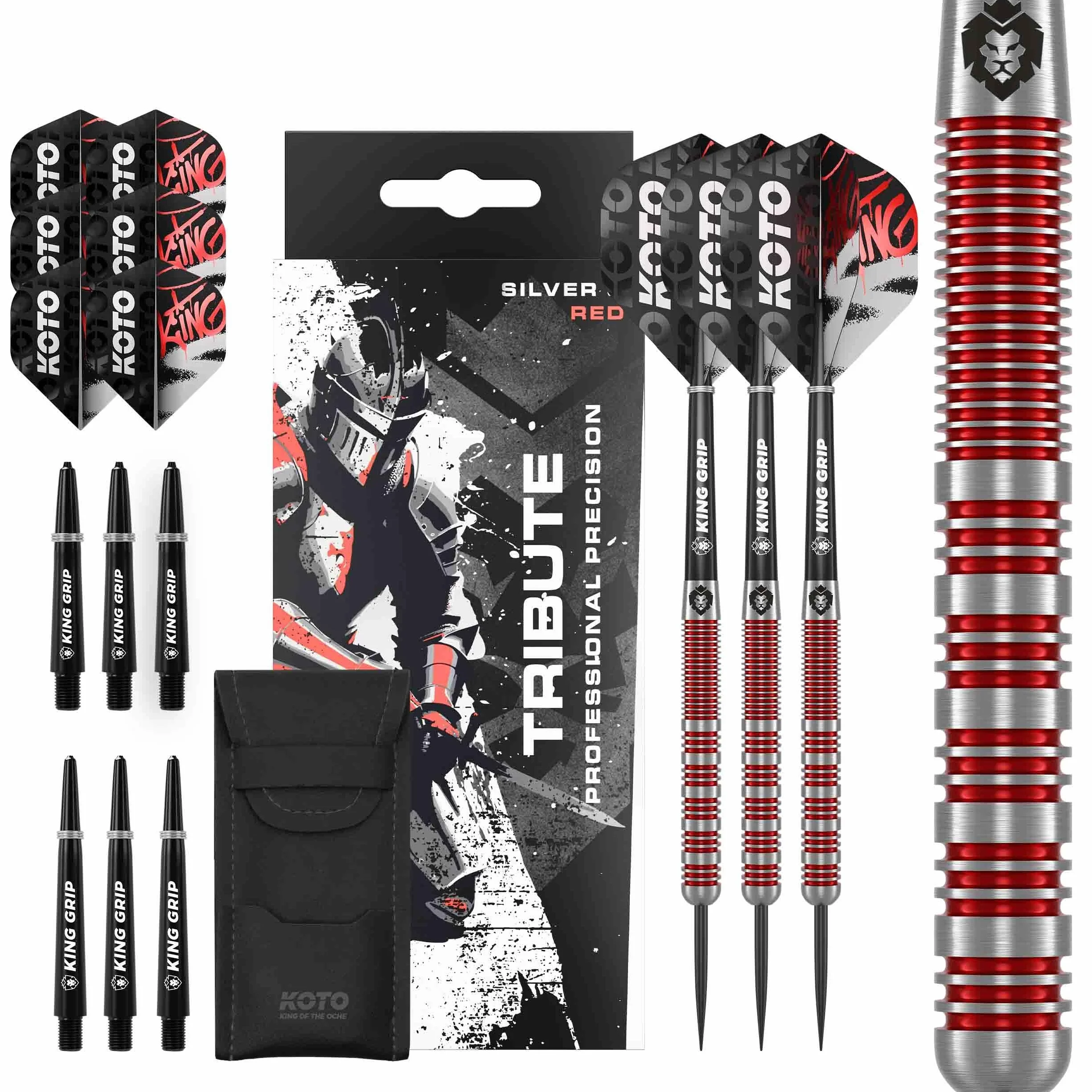 KOTO – Tribute Darts, srebrne i czerwone, zestaw rzutek z 3 beczkami, piórami + trzonkami i portfelem do darta o stałym uchwycie pierścieniowym