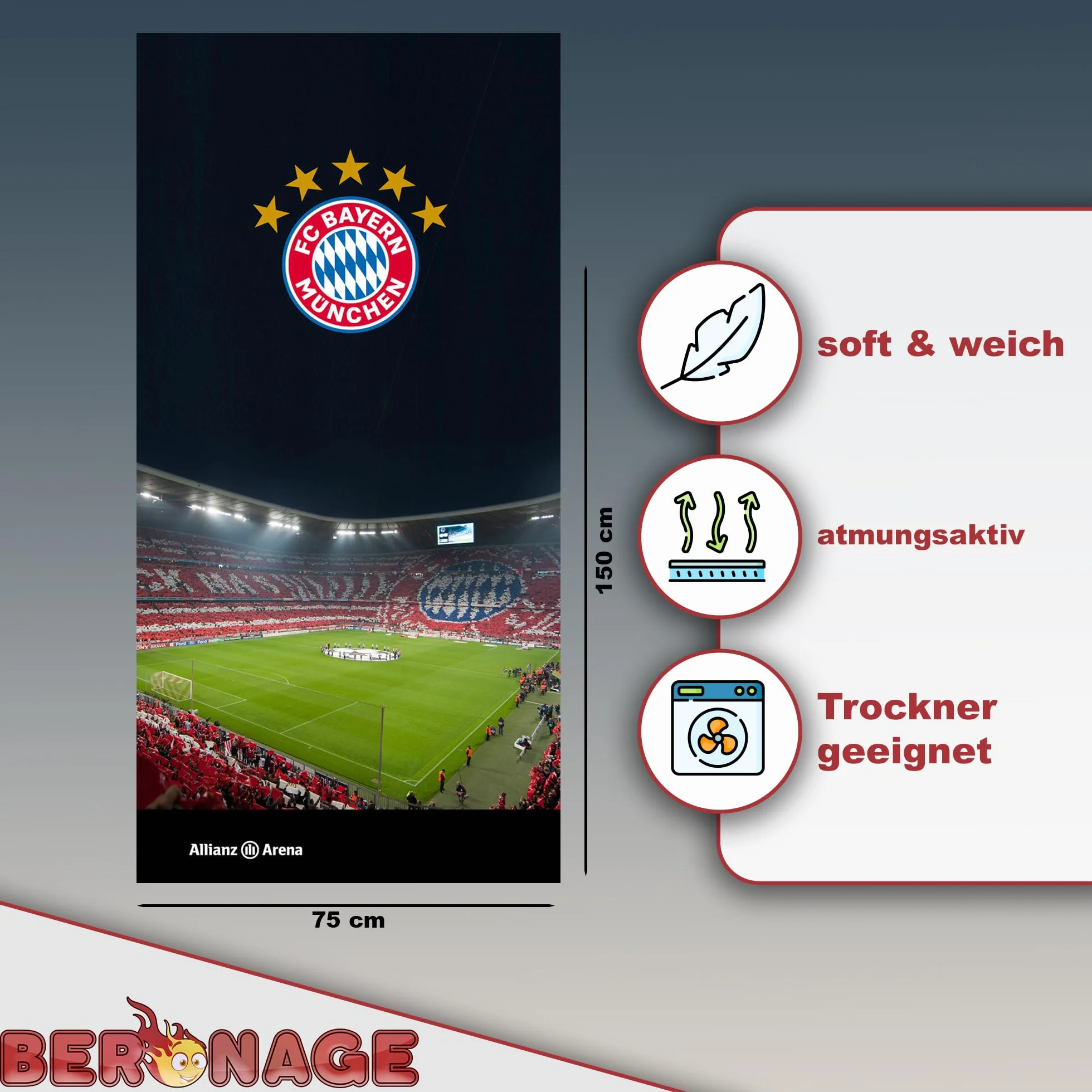 FC Bayern München Ręcznik kąpielowy – Allianz Arena 75 x 150 cm, 100% bawełna – Mia san Mia, rekordowy mistrz, piłka nożna, ręcznik plażowy dla prawdziwych fanów FCB, idealny artykuł dla fanów na