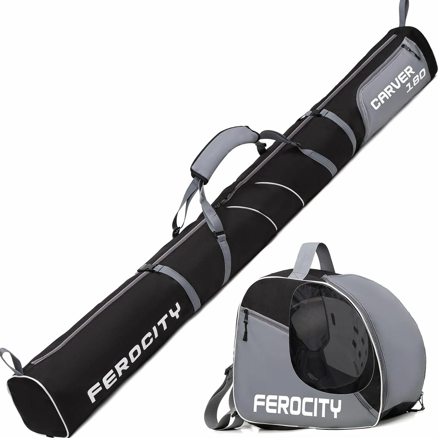 Ferocity Zestaw premium torba na narty i torba na buty narciarskie na 1 parę kijków narciarskich, kask z kieszenią ze sznurkiem ściągającym i kieszenią boczną [053]