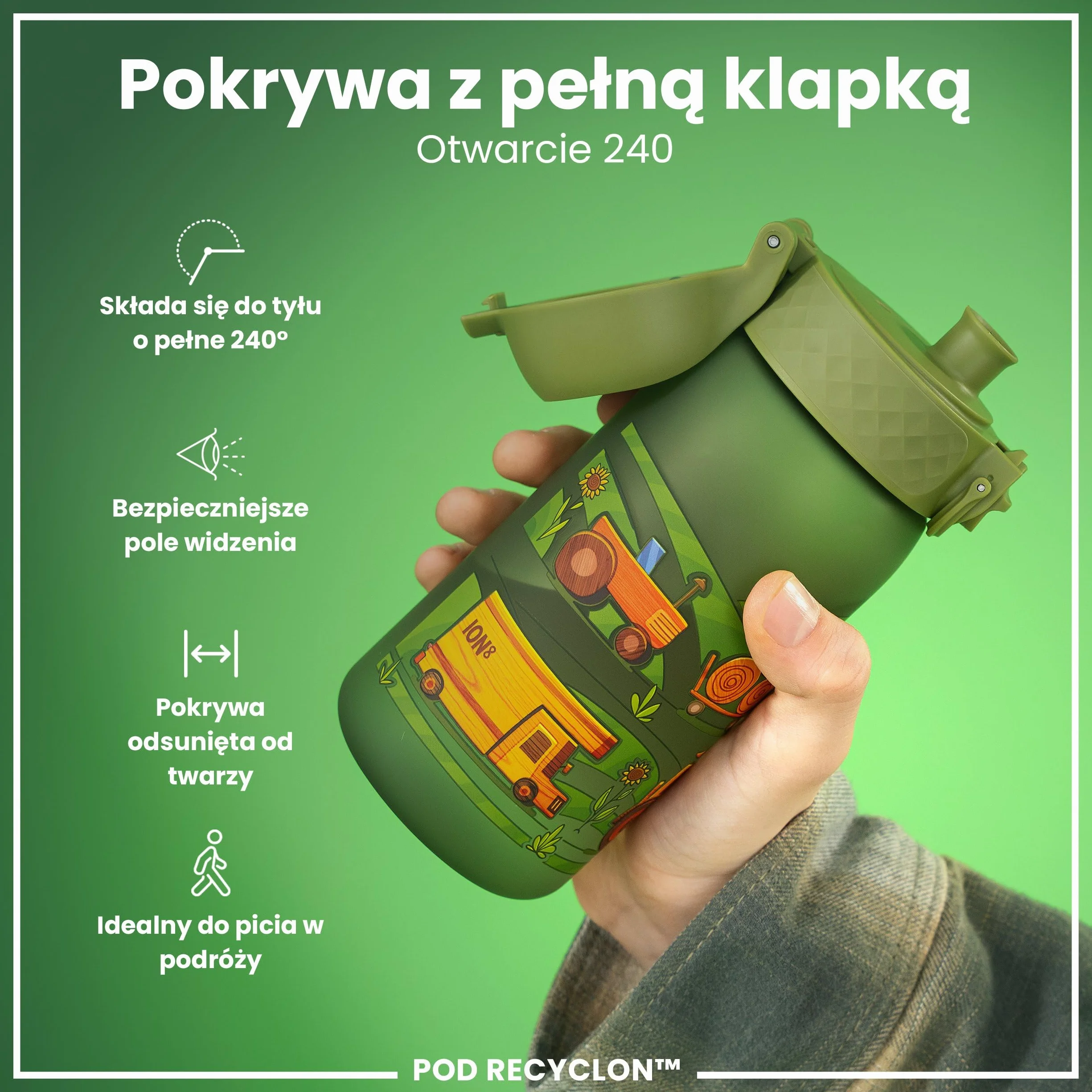 ION8 Butelka dla Dzieci, 350 ml/12 oz, Szczelna, Łatwa do Otwarcia, Bezpieczny Zamek, Można Myć w Zmywarce, Bez BPA, Uchwyt do Przenoszenia, Łatwa do Czyszczenia, Bezwonny, Maszyny Rolnicze