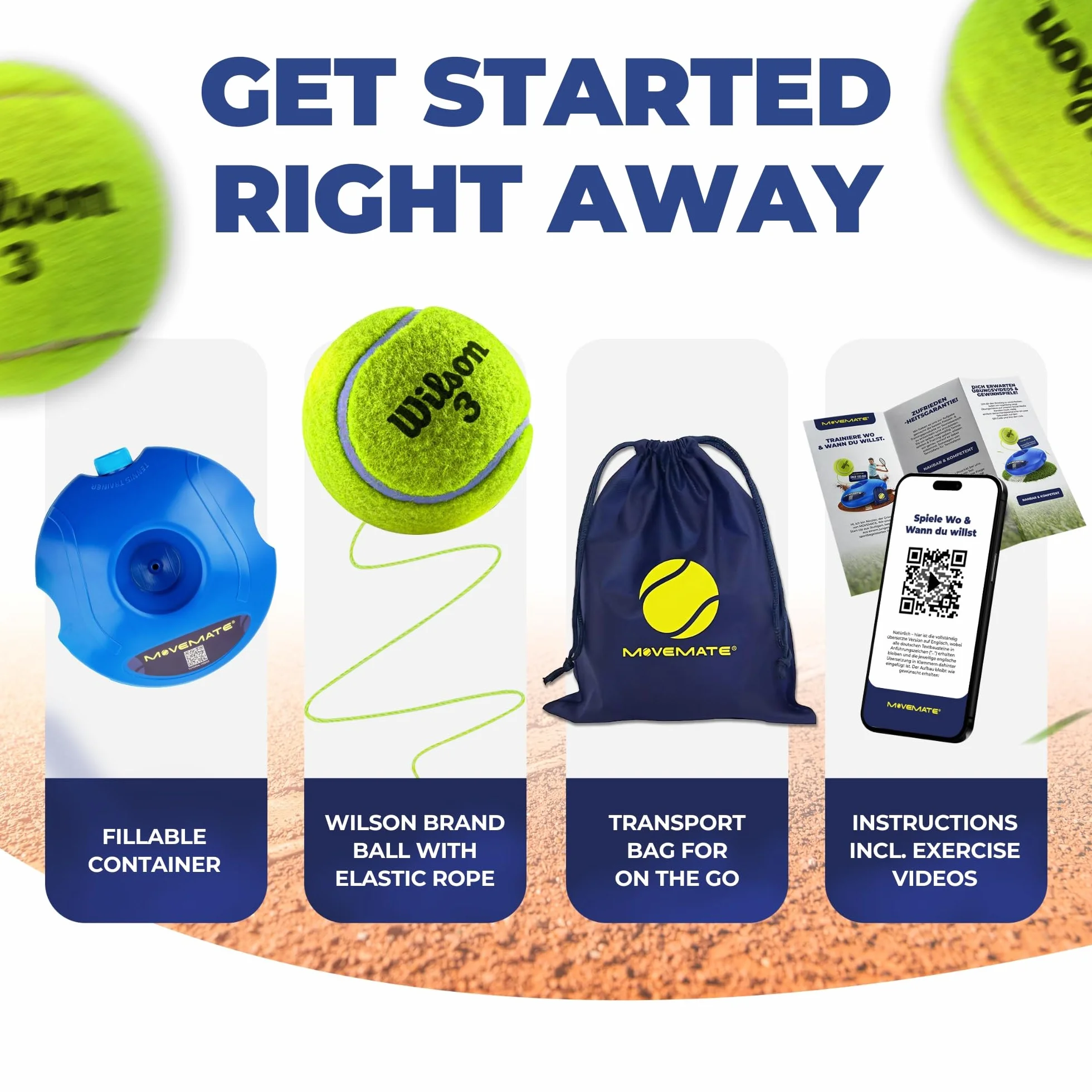 MOVEMATE Zestaw do tenisa z piłką tenisową Wilson® | innowacyjna gra w piłkę na świeżym powietrzu, w ogrodzie, w parku dla nastolatków i dorosłych | w tym torba transportowa i filmy z ćwiczeniami