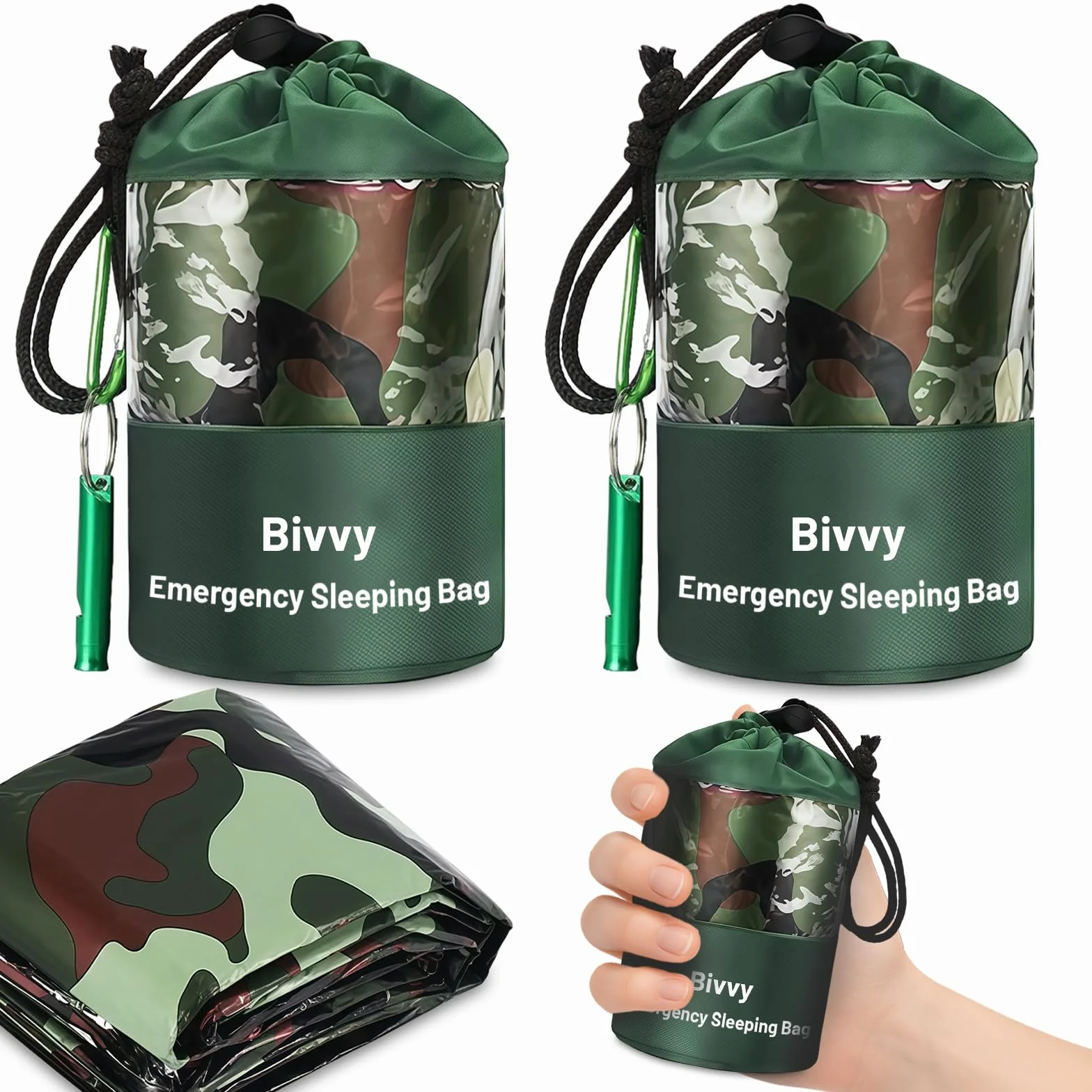 flintronic 2 x śpiwór survivalowy, koc survivalowy, wielokrotnego użytku, śpiwór awaryjny z gwizdkiem i karabińczykiem, lekki, wodoodporny, na wędrówki, namiot, kemping, kamuflaż