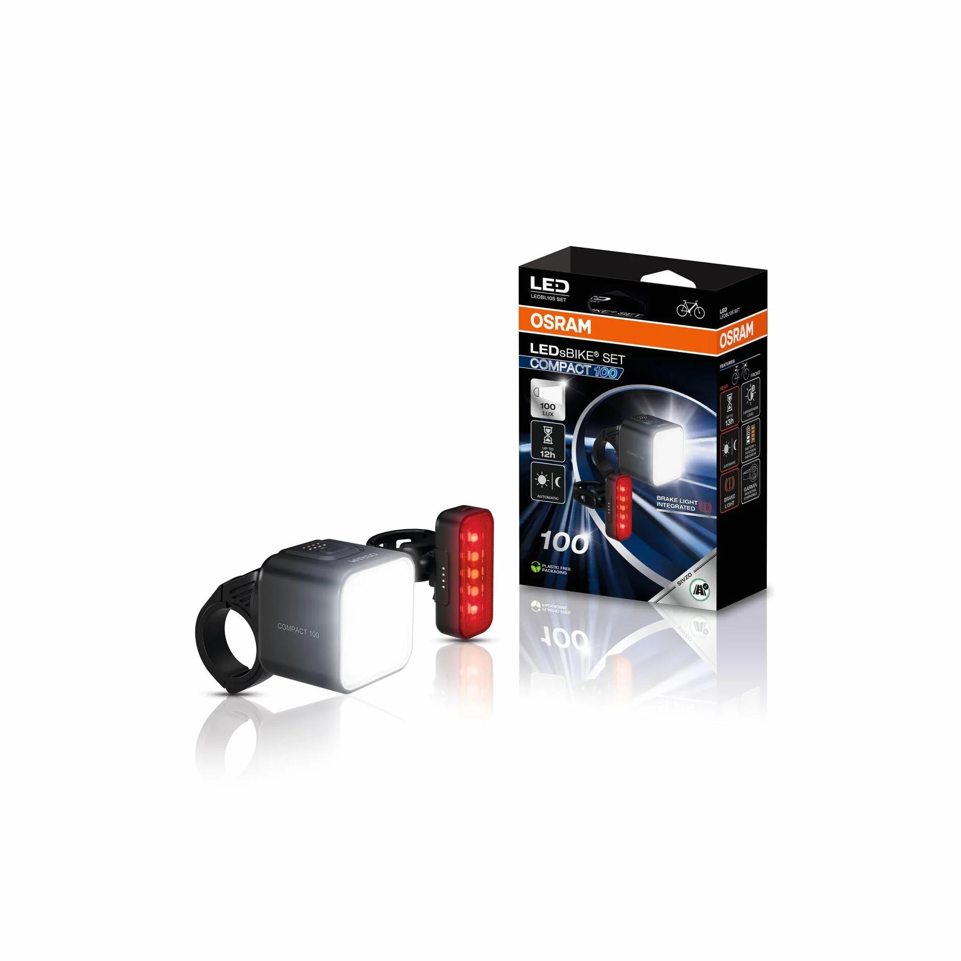 OSRAM LEDsBIKE COMPACT 100 SET, zestaw akumulatorowych lampek rowerowych - przód i tył, ze światłem stop, homologacja StVZO, kompatybilność z uchwytem Garmin, trzy poziomy jasności, 100 luksów