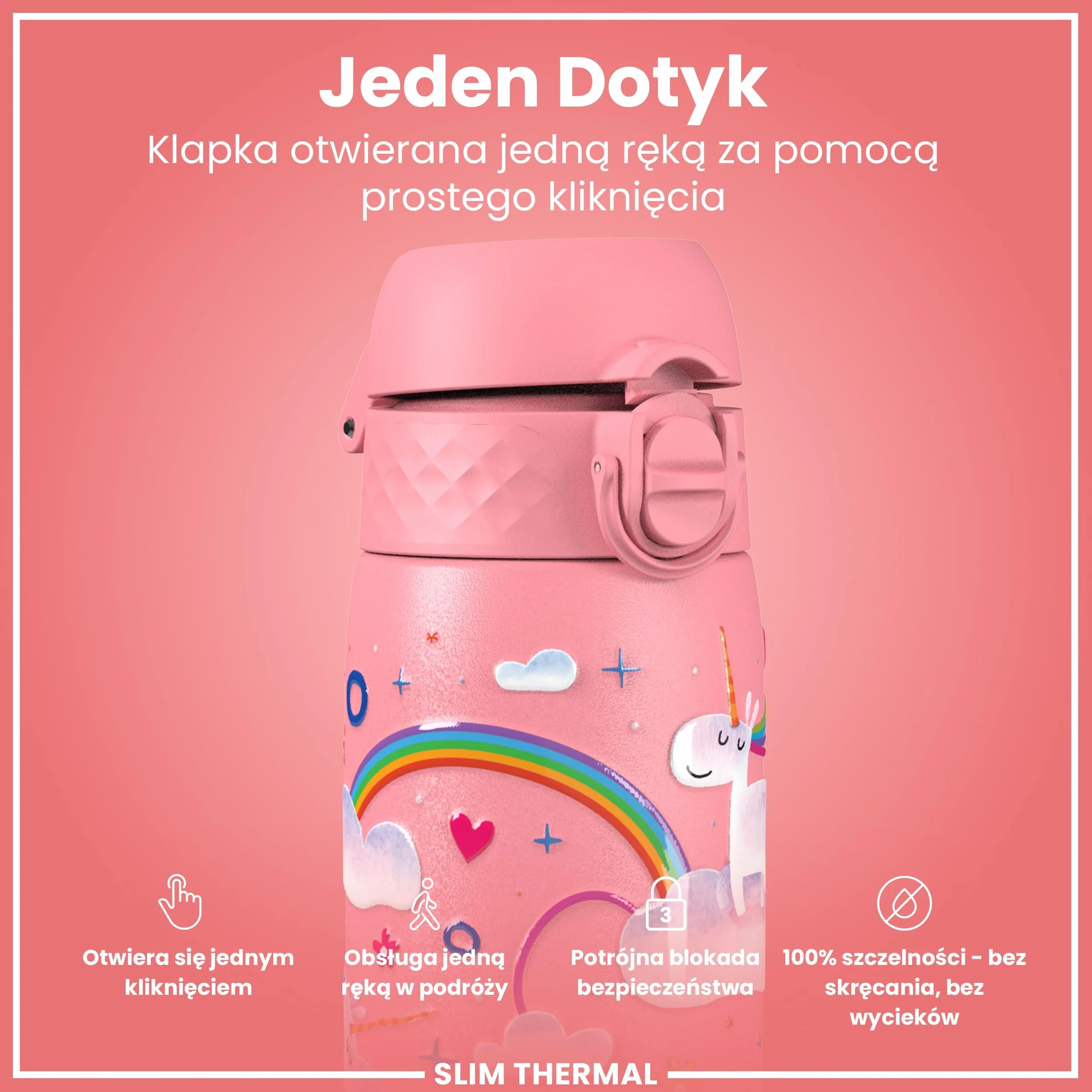 ION8 Termoizolowana Butelka na Wodę ze Stali Nierdzewnej 500 ml, Szczelna, Łatwa w Otwieraniu, Różowe Tęczowe Jednorożce
