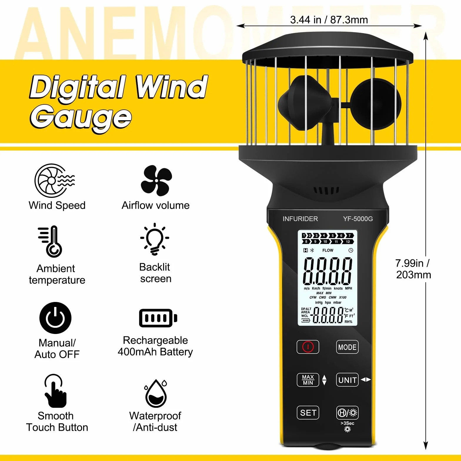 Anemometr INFURIDER, przenośny anemometr z przyciskiem dotykowym zapobiegającym kurzowi, akumulatorowy miernik wiatru, miernik CFM, anemometr prędkości do pomiaru siły wiatru, zimna, temperatury