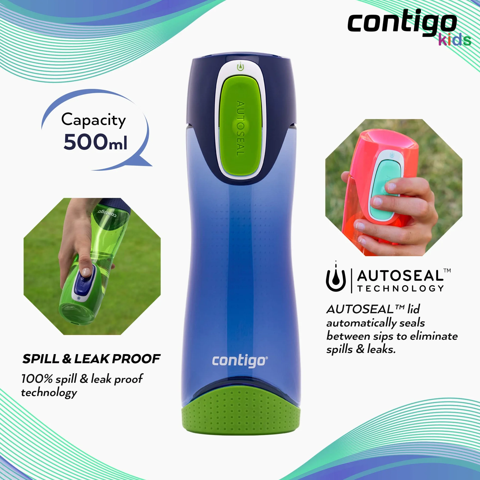 Contigo Swish Autoseal butelka na wodę, duża, bez BPA, szczelna butelka na siłownię, idealna do uprawiania sportu, biegania, jazdy na rowerze, biegania, wędrówek, 500 ml
