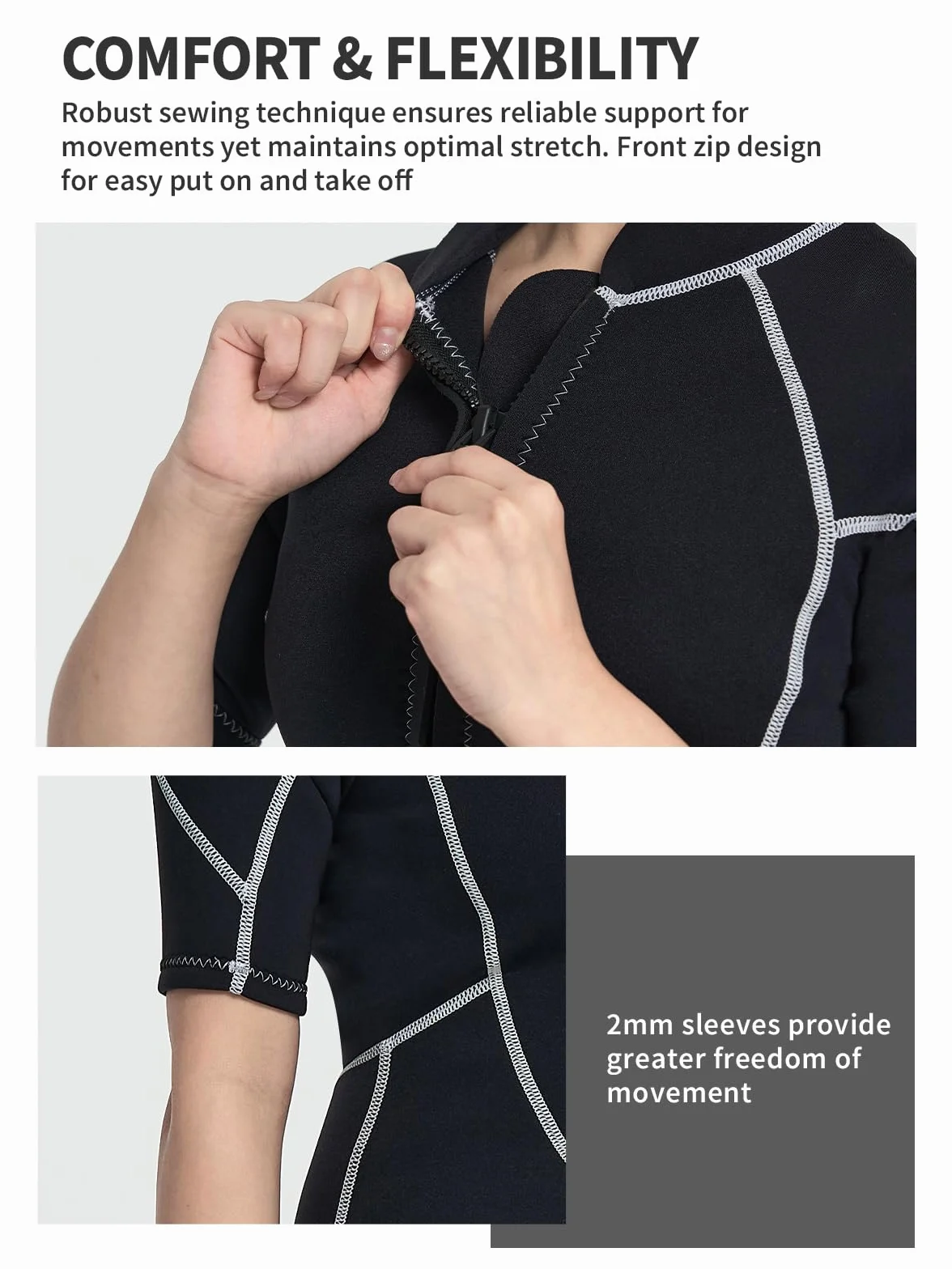 Owntop Kombinezon neoprenowy 3/2 mm dla kobiet/mężczyzn – zamek błyskawiczny z przodu do nurkowania, surfowania, z krótkim rękawem, rozciągliwy neopren do sportów wodnych