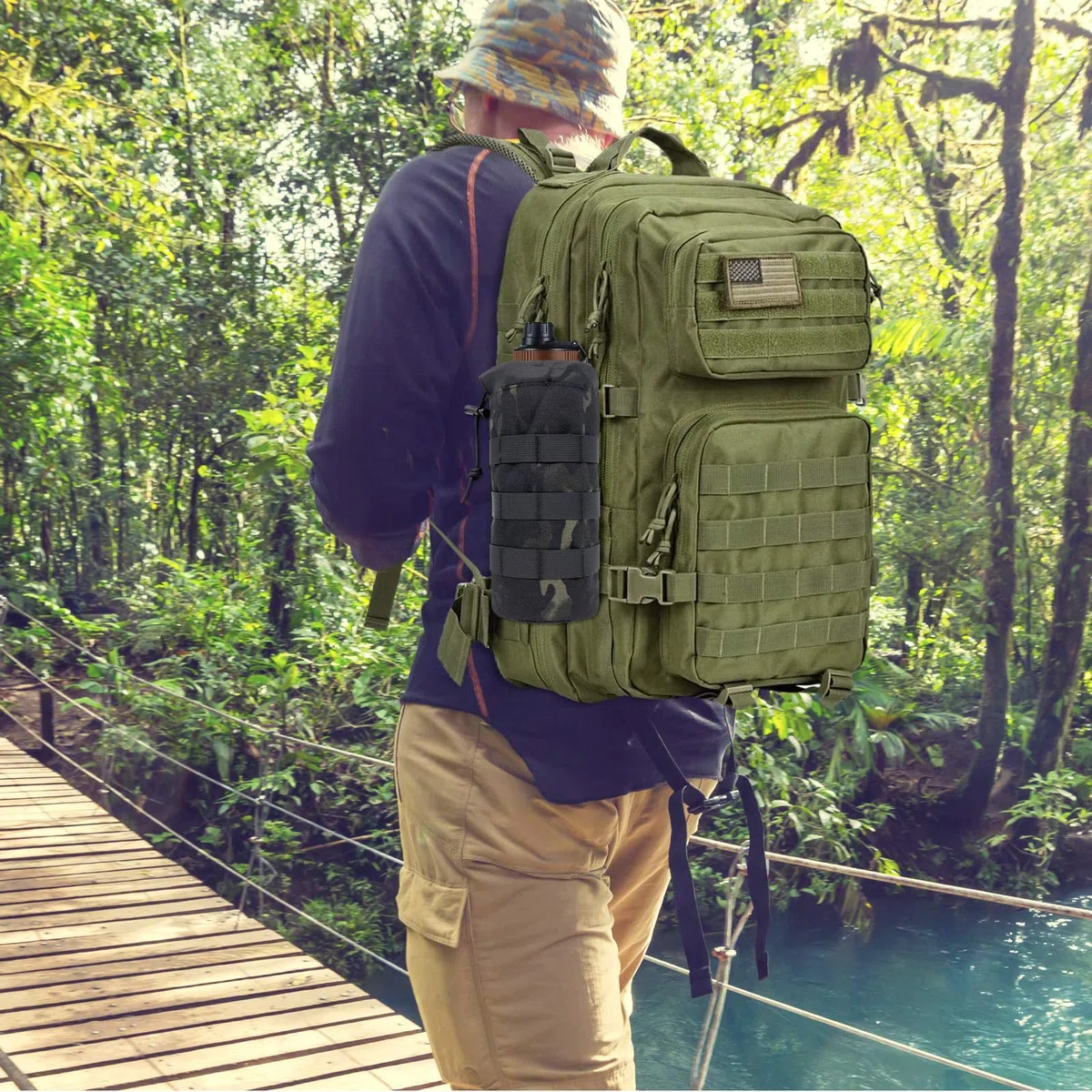 Molle System uchwyt na butelki, taktyczny, nylonowy uchwyt na napoje ze ściągaczem, składany uchwyt na butelki z siateczki, na podróż, wędkowanie, polowanie, wędrówki, aktywności na świeżym
