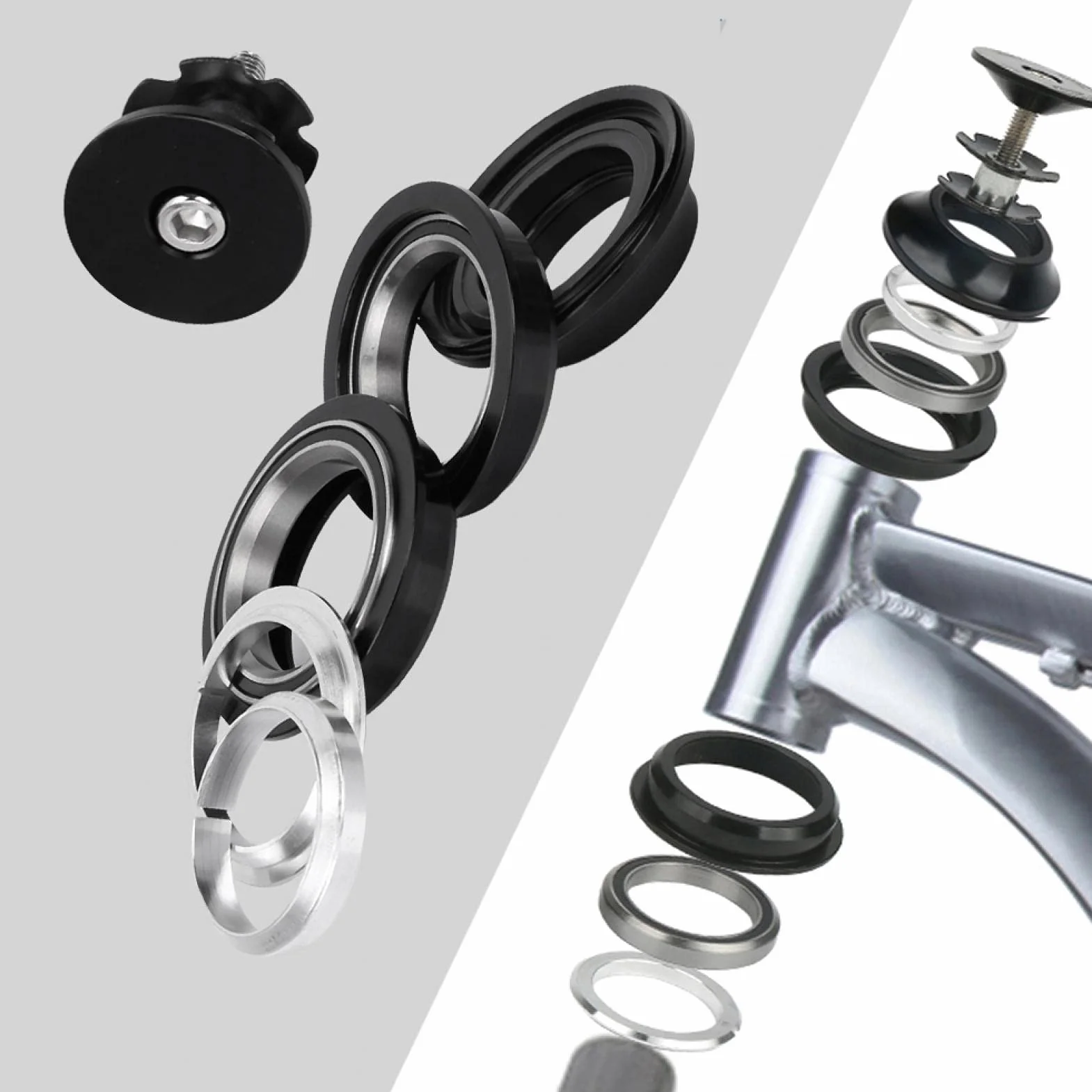 Rura czołowa roweru górskiego Łożysko ze stopu aluminium Średnica zestawu słuchawkowego 28,6 mm Pręt niegwintowany Uszczelniona głowica łożyska Miska o średnicy wewnętrznej 44 mm Rama Czarny