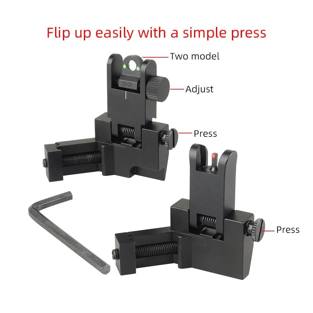 Aluminum Alloy 45 Degree Angled BUIS Front and Rear Flip Up Rapid Transition Backup Iron Sight For Rifle Scope(Black with fiber optic)