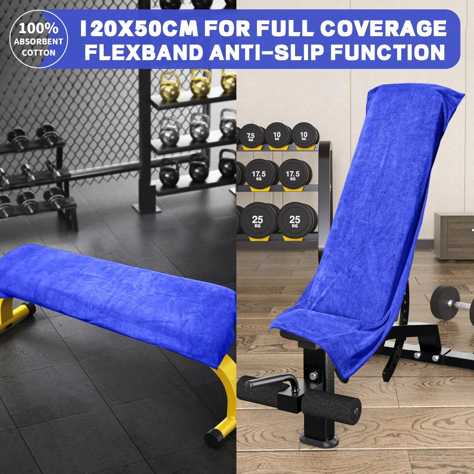 Pameil Ręcznik fitness, 120 x 50 cm, ręcznik sportowy, do studia fitness, chłonny i miękki, z kieszenią na zamek błyskawiczny, do treningu (Niebieski)