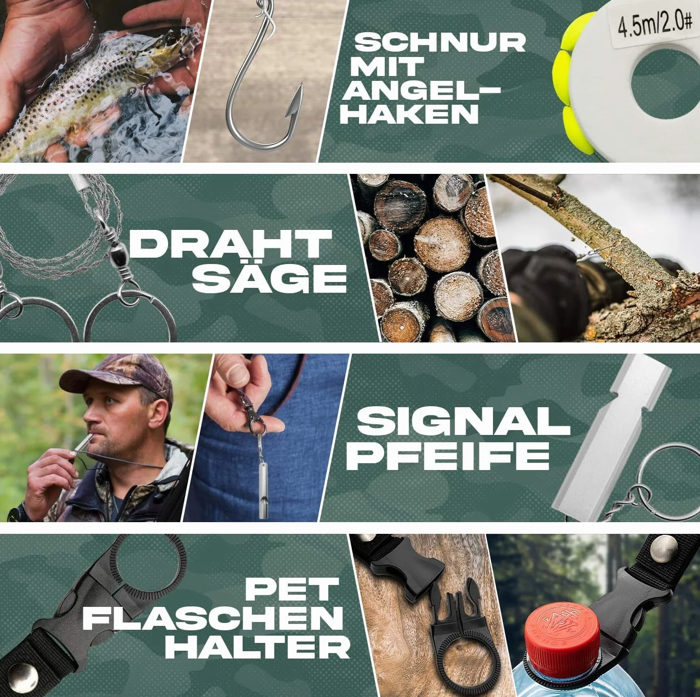 Jungle Monkey® Zestaw survivalowy – zestaw premium 17 w 1 z nożem i latarką – wyposażenie outdoorowe na wędrówki i kemping – zestaw survivalowy – wyposażenie ratunkowe w sytuacjach awaryjnych