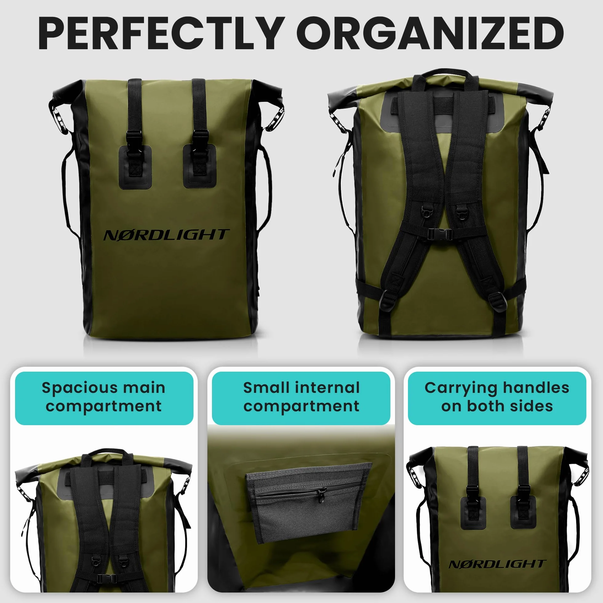 Nordlight Wodoodporny plecak Dry Bag 35L - (Oliwkowa Zieleń) Plecak zwijany z wyściełanym paskiem, wodoodporna torba do sportów wodnych, plecak rowerowy, plecak kurierski, trekking, wędkarstwo