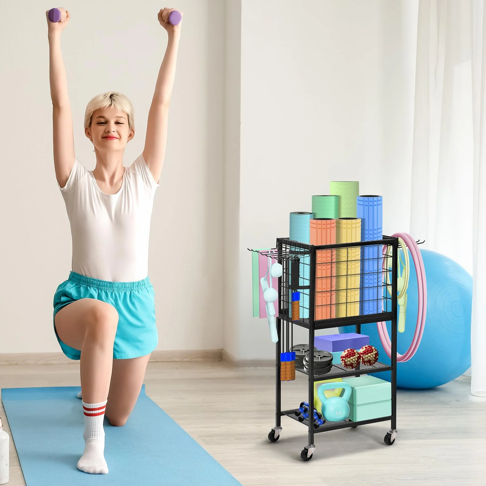 LIANTRAL Stojak na hantle, stojak do przechowywania mat do jogi, stojak do przechowywania sprzętu treningowego na hantle, kettlebells, mata do jogi i taśmy oporowe, organizer do przechowywania w domu