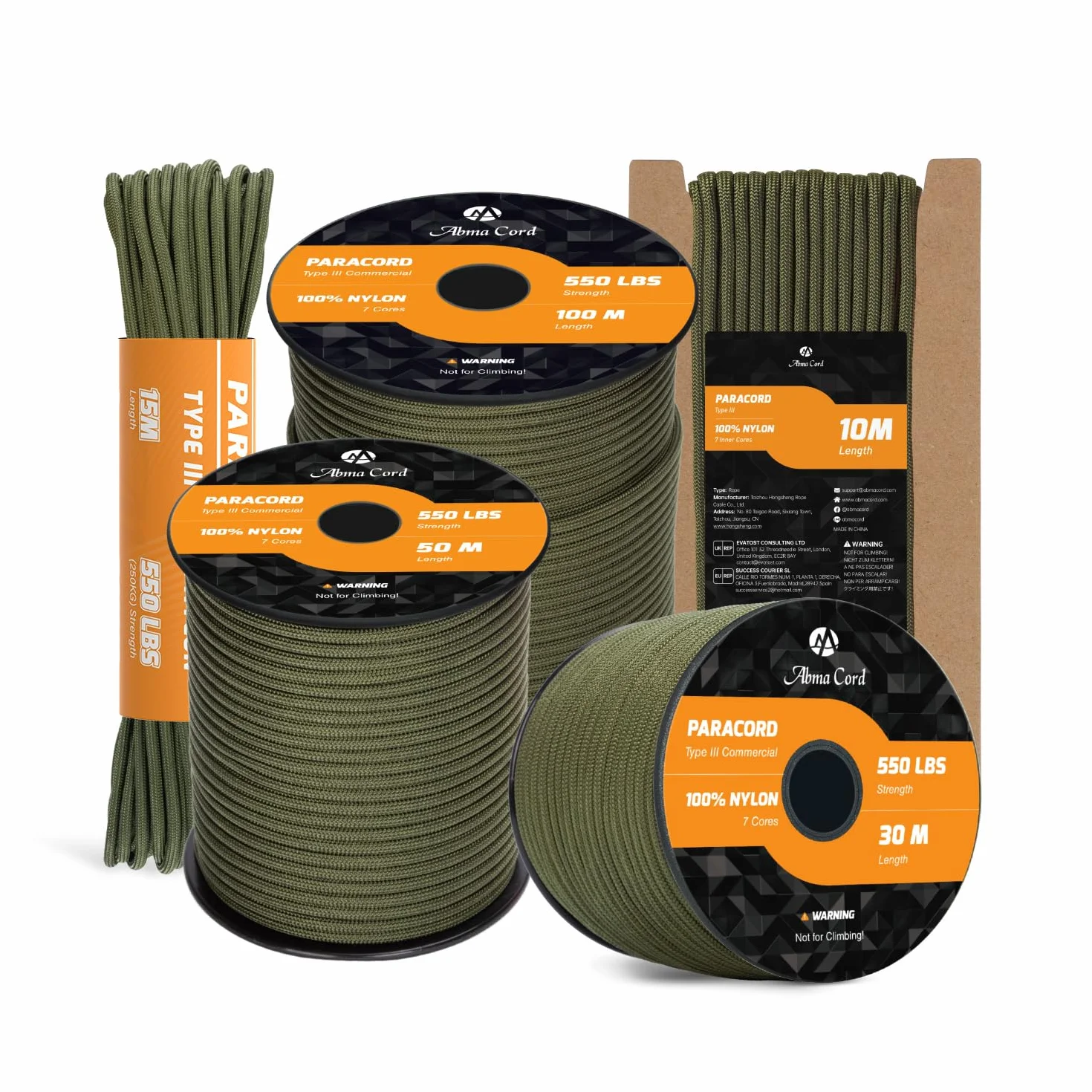 Abma Cord Paracord 550 4mm 100m 100% Nylonowa Sznurek Linka Typ III 7-żyłowa do Biwakowania, Majsterkowania, Zewnątrz, Survivalowy - Max. 250kg (550lb) - Czarny