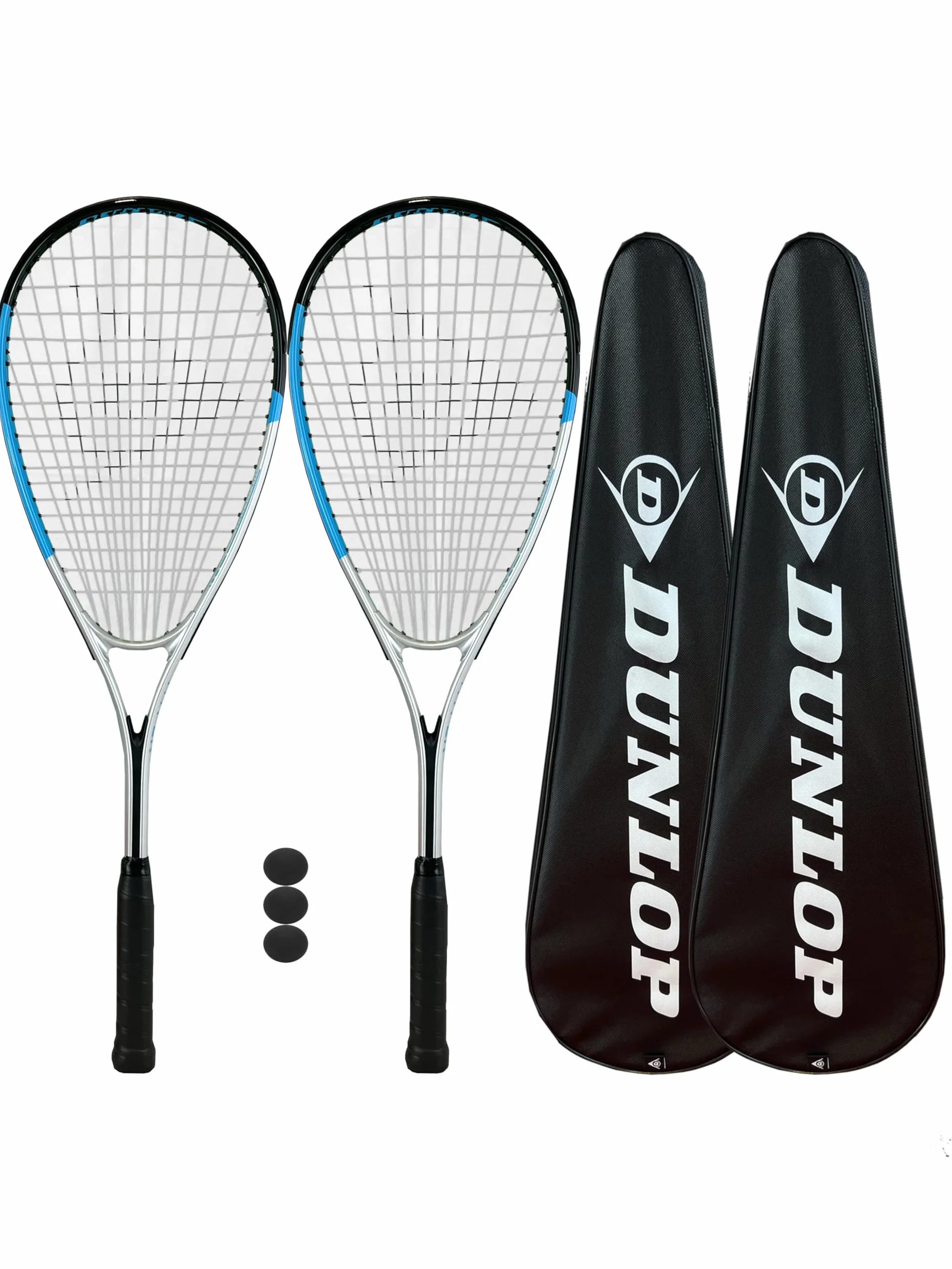 Pakiet podwójny rakieta do squasha Dunlop Hyper Lite Nano, w tym pełne pokrowce ochronne i 3 piłki do squasha