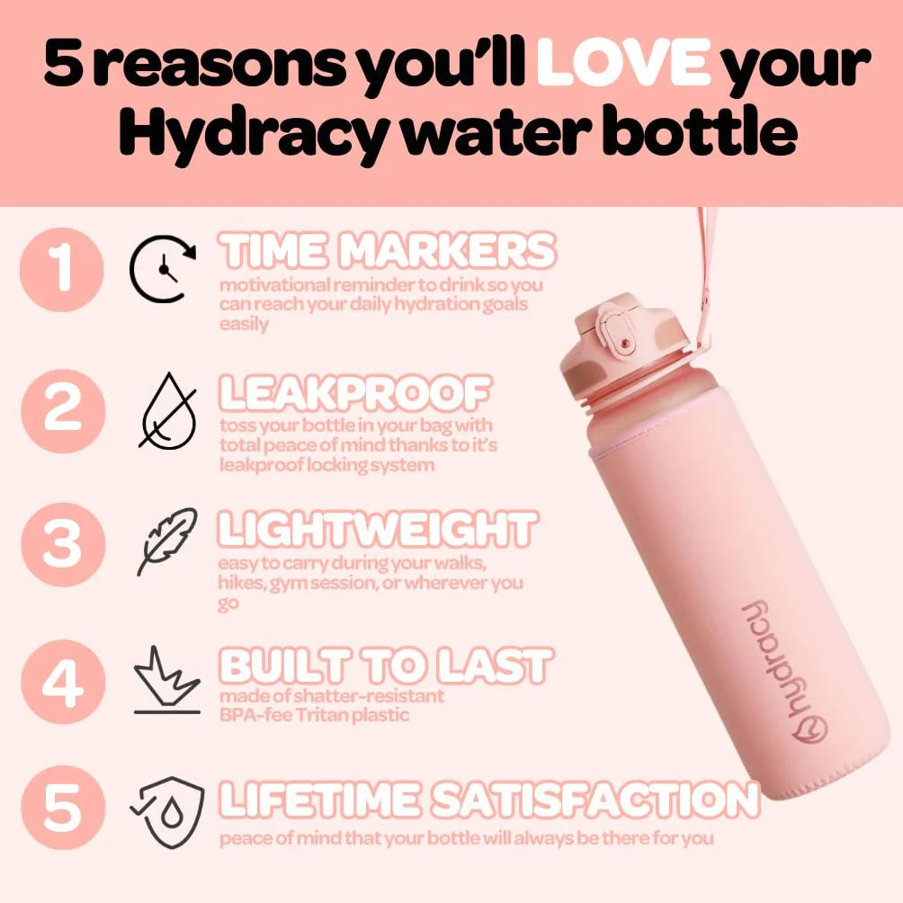 Hydracy Butelka na wodę z podziałką czasową i słomką, duża o pojemności 1 l, bez BPA, motywacyjna, z rękawem zapobiegającym kondensacji, szczelna, na siłownię, do sportu, fitnessu i na zewnątrz