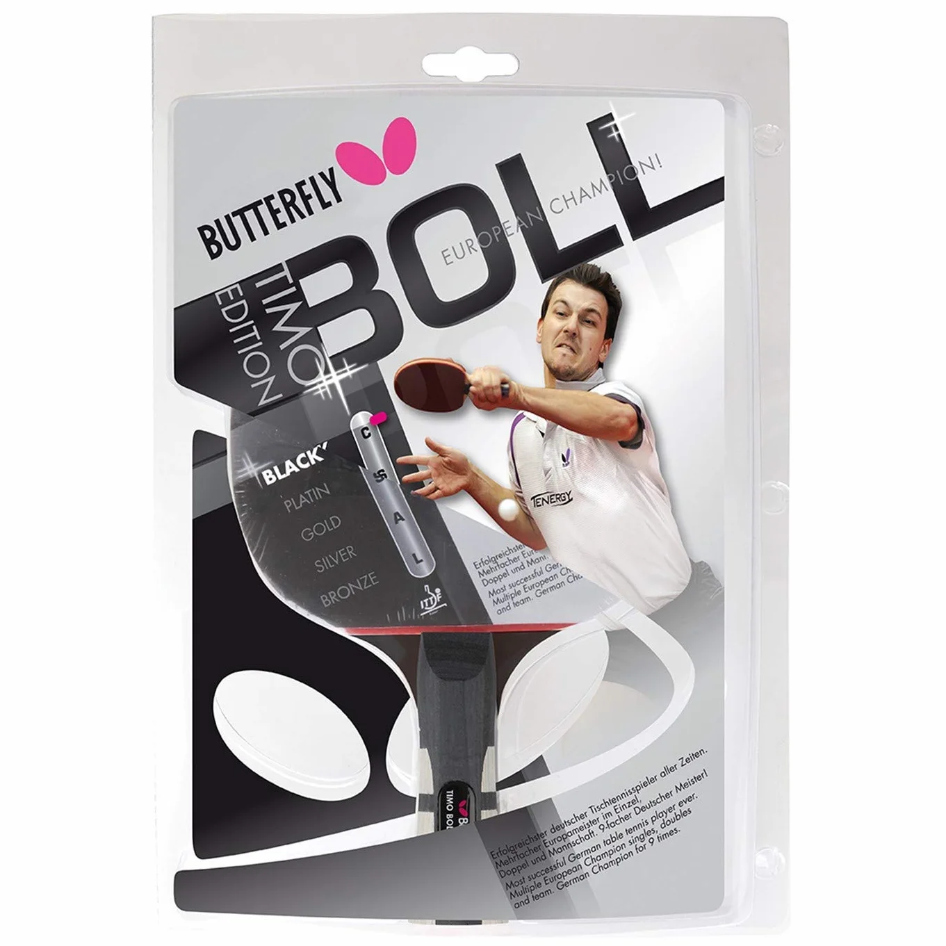 Butterfly® Timo Boll Black 85030 rakieta do tenisa stołowego, profesjonalna rakieta do tenisa stołowego, dla zaawansowanych technicznie graczy, z certyfikatem ITTF Wakaba, anatomiczny kształt uchwytu