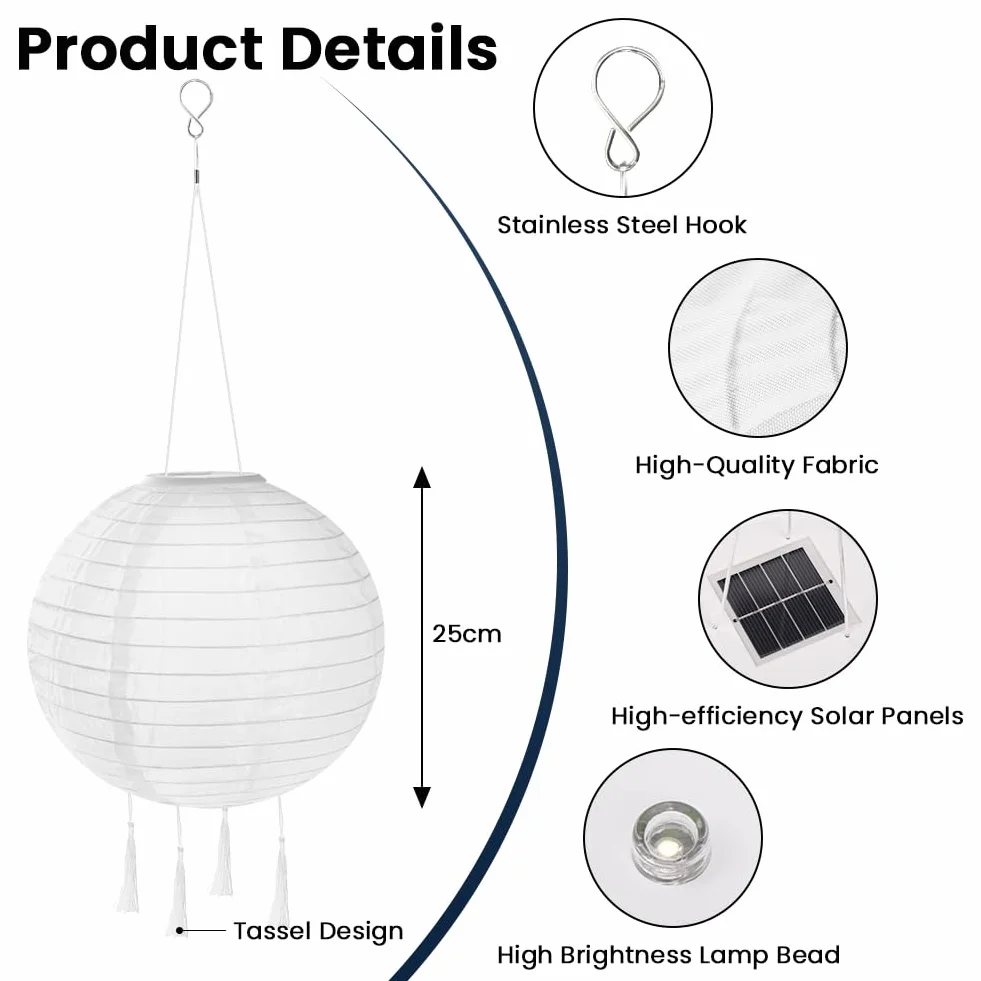 HOTUT Solarne Latarnie Zewnętrzne Odporne na Warunki Atmosferyczne, 2 sztuki 30 cm Solarna Latarnia LED z 4 chwostami, IP65 Wodoodporna Wisząca Latarnia Nylonowa do Ogrodów (Ciepła Biel)