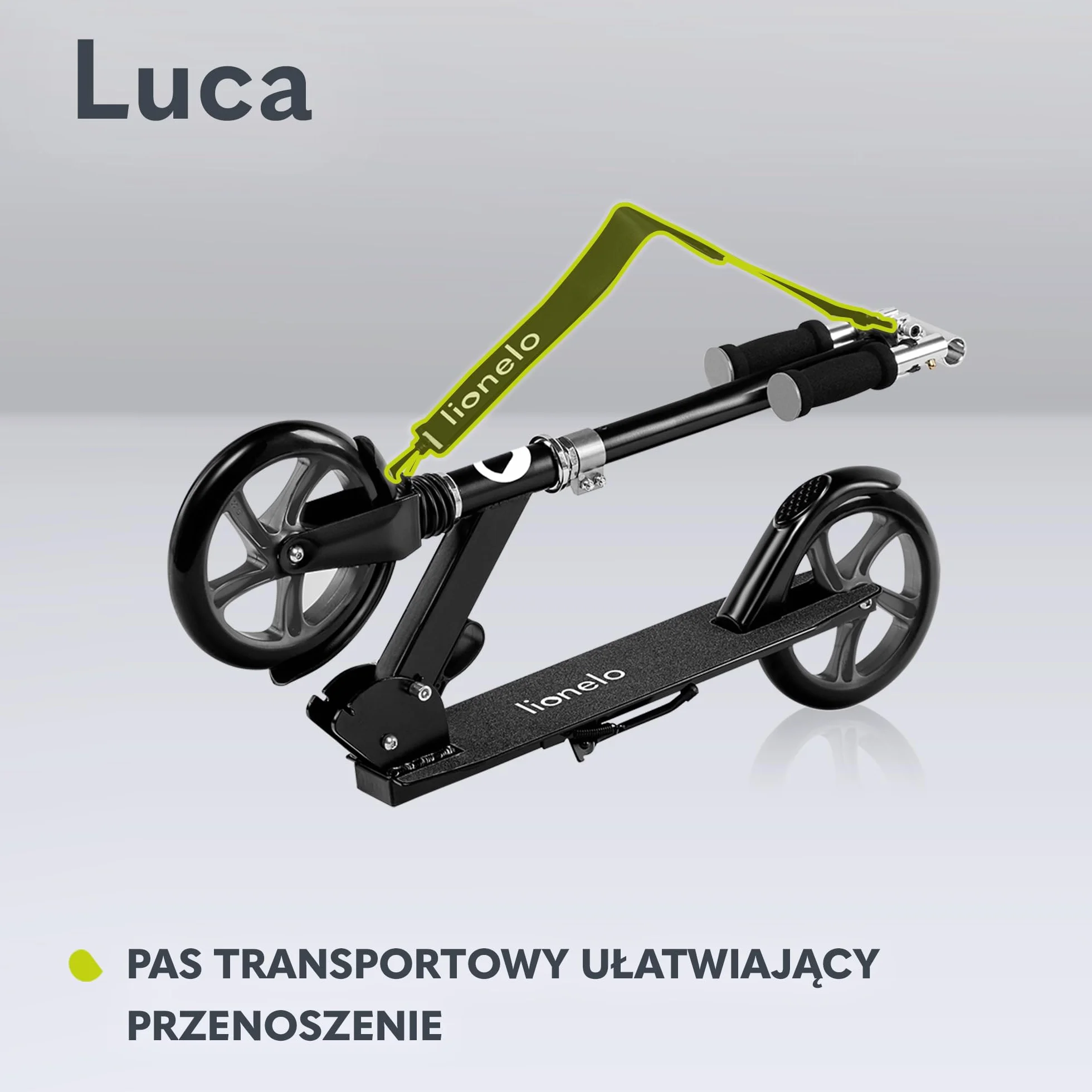 Lionelo Luca hulajnoga do 100 kg, lekka wytrzymała, składana konstrukcja, amortyzator, duże koła, regulowana wysokość kierownicy, antypoślizgowy podest, amortyzacja ShockResist