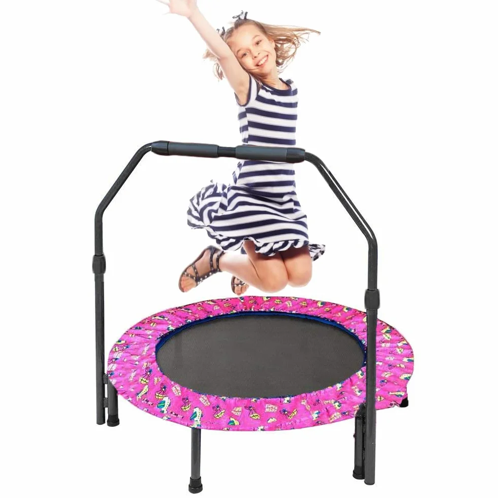 Mini trampolina dla dzieci z regulowanym uchwytem składana różowa