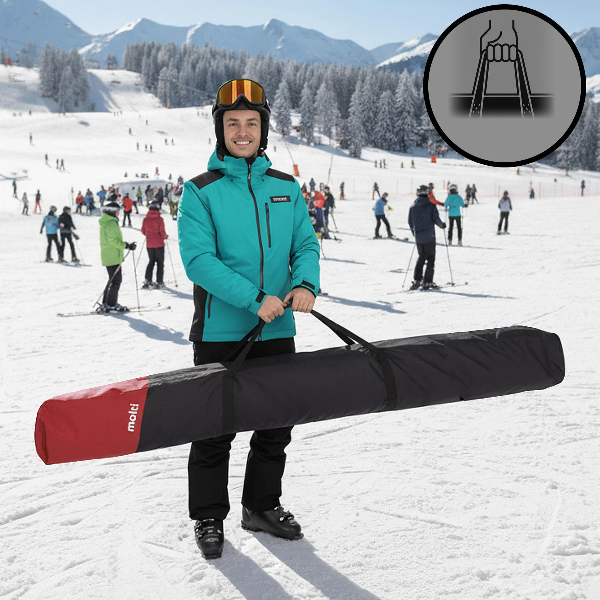 molti Torba na narty do 195 cm wodoszczelna poliester 600D, pokrowiec na 1 parę nart, materiał odporny na rozdarcie, kieszeń wewnętrzna, wentylacja, pasek na ramię i uchwyty do noszenia