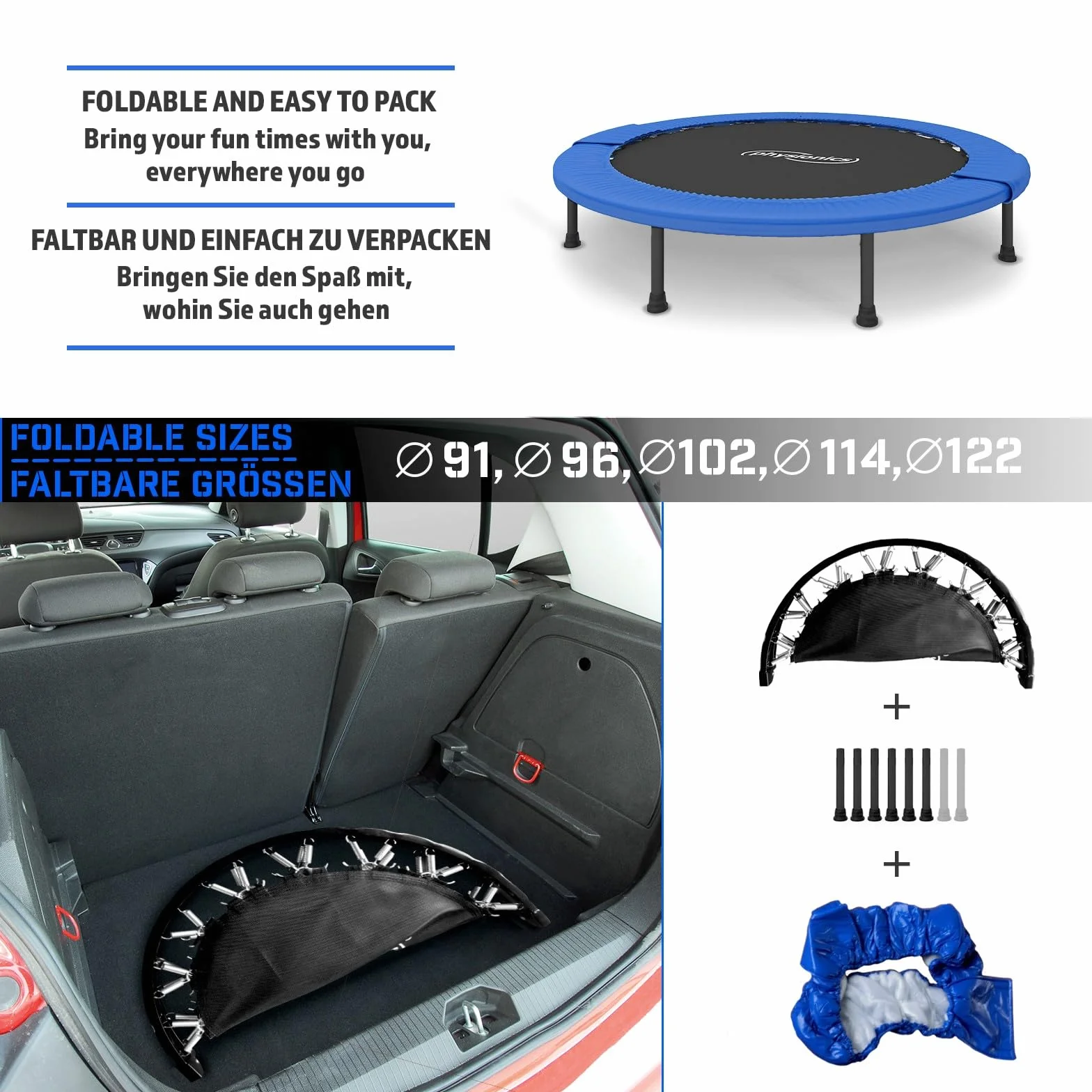Physionics Elastyczna trampolina - średnica do wyboru (Ø 81, 91, 96, 102, 114, 122 cm), antypoślizgowe nóżki, do wewnątrz i na zewnątrz, mini trampolina, mata fitness, do skakania