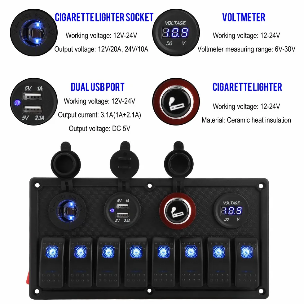 KIMISS 8-gangowy panel przełączników LED 12V/24V z woltomierzem, dual USB i gniazdem zapalniczki
