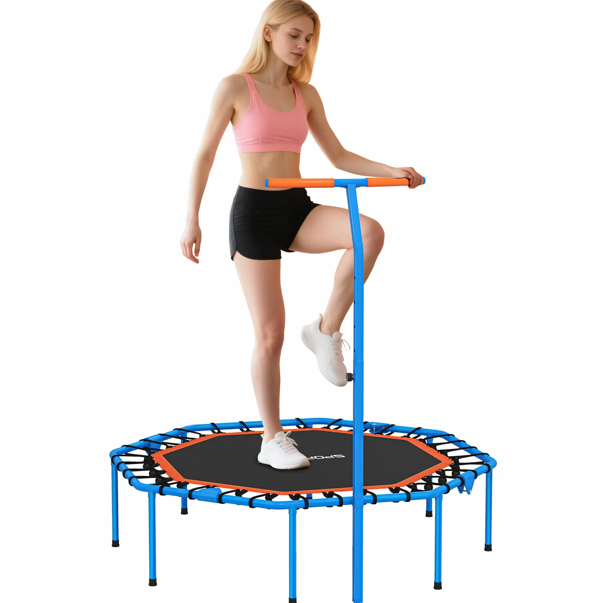 SPORTNOW Trampolina fitness, składana, Ø 128 cm, mini trampolina z 5-stopniową regulacją wysokości, cichą gumową linką, trampolina dla dorosłych, do użytku wewnątrz i na zewnątrz