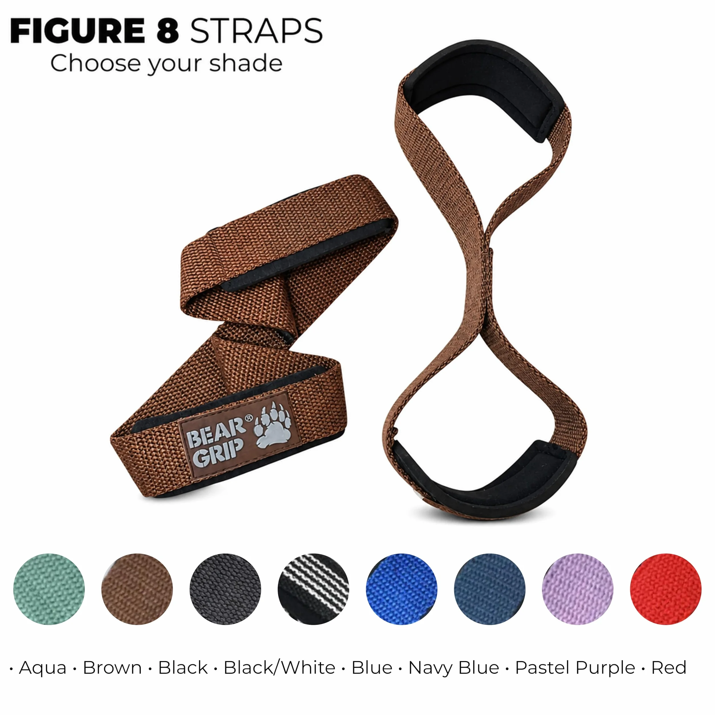 BEAR GRIP - Paski do podnoszenia ciężarów premium Figura 8 (sprzedawane parami) (brązowe)