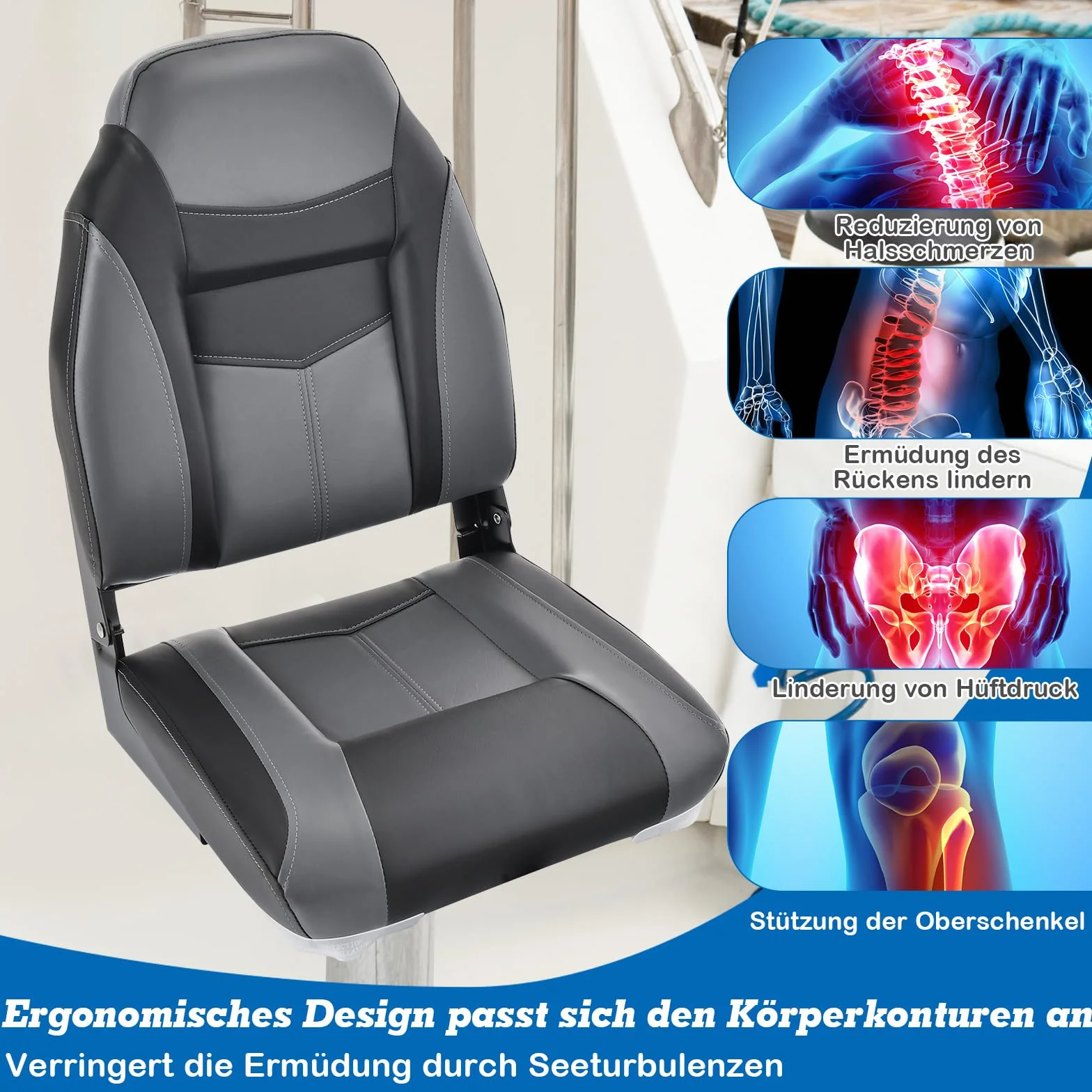COSTWAY Fotel z wysokim oparciem, składane krzesło na łódkę z wyściółką z gąbki o grubości 10 cm, wyściełane krzesło sterujące do łodzi (czarne, pojedyncze)