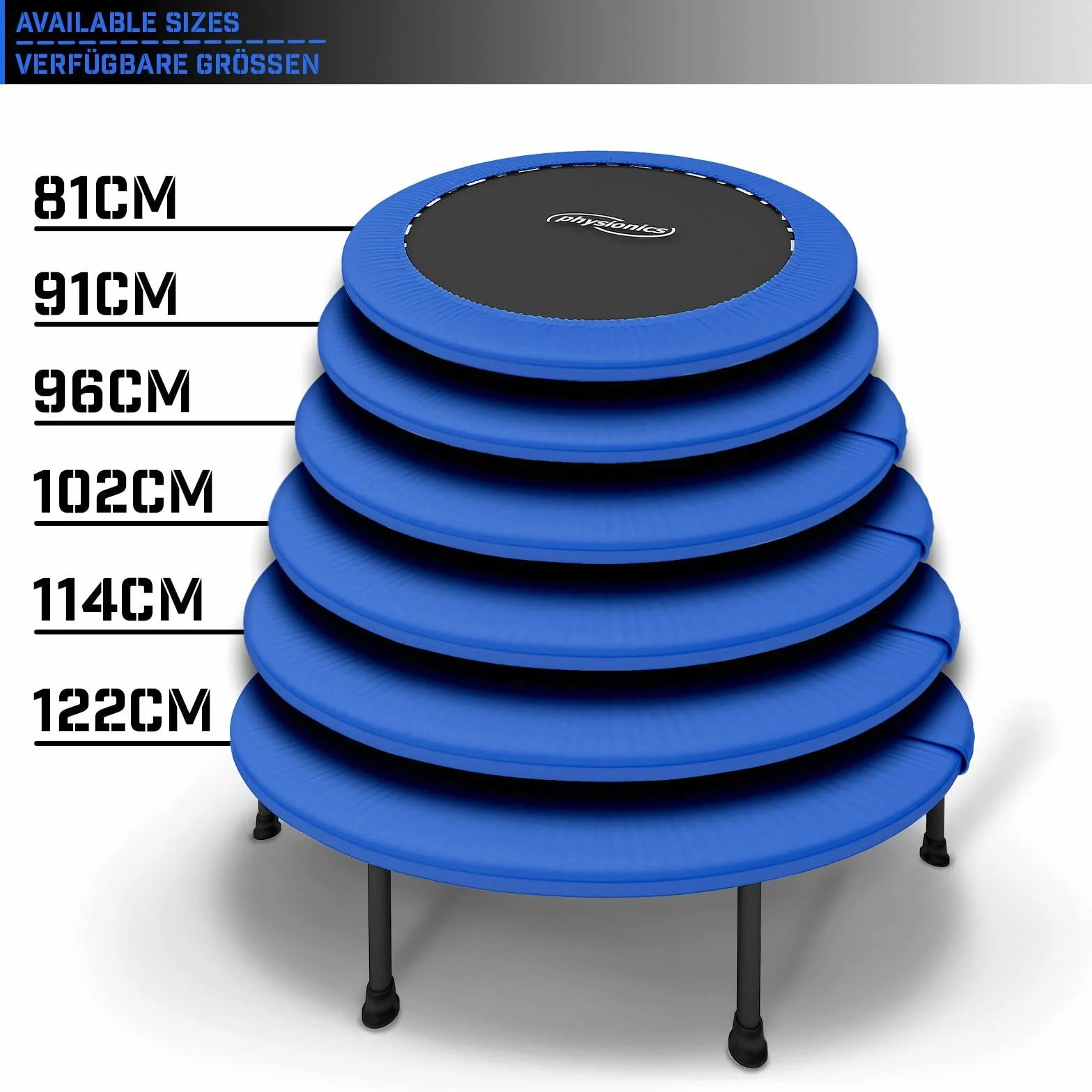 Physionics Elastyczna trampolina - średnica do wyboru (Ø 81, 91, 96, 102, 114, 122 cm), antypoślizgowe nóżki, do wewnątrz i na zewnątrz, mini trampolina, mata fitness, do skakania