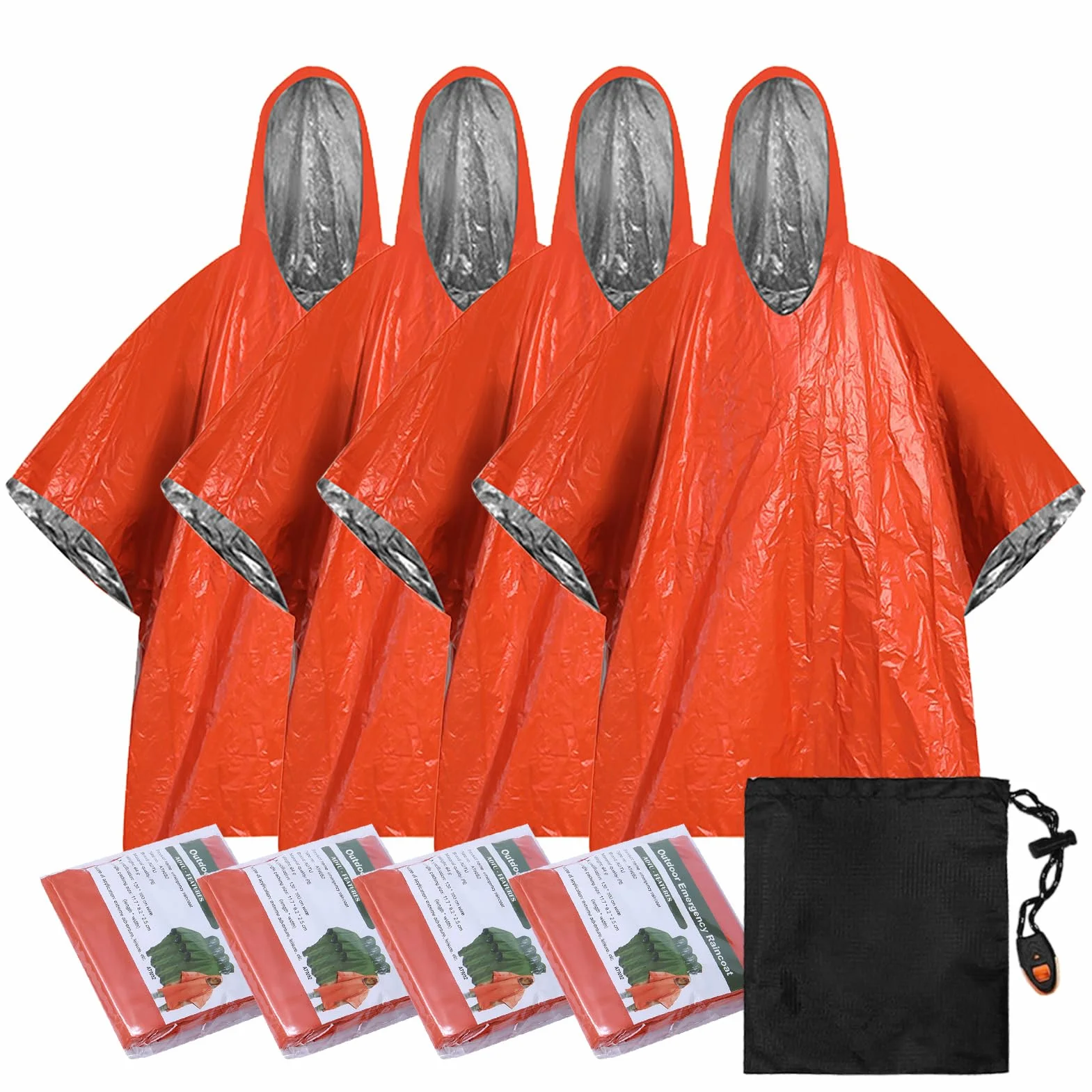 4 szt. Poncho Ratunkowe, Wodoodporne, Wiatroszczelne, Awaryjne Ponczo Przeciwdeszczowe, Koc Survivalowy z Kapturem, Odblaskowe Poncza Survivalowe, Płaszcz Przeciwdeszczowy na (4 szt.