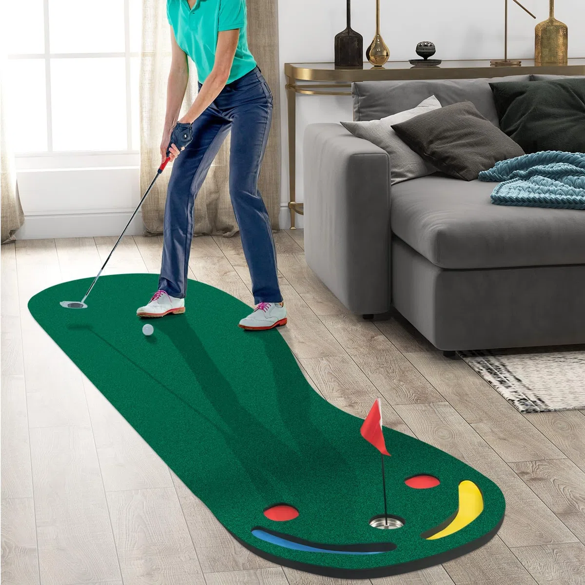 COSTWAY Mata do gry w golfa 300 x 96 cm, do użytku wewnątrz i na zewnątrz, składana mata golfowa z 3 miseczkami i 1 flagą, mata do ćwiczeń golfowych, mata treningowa do domu, biura
