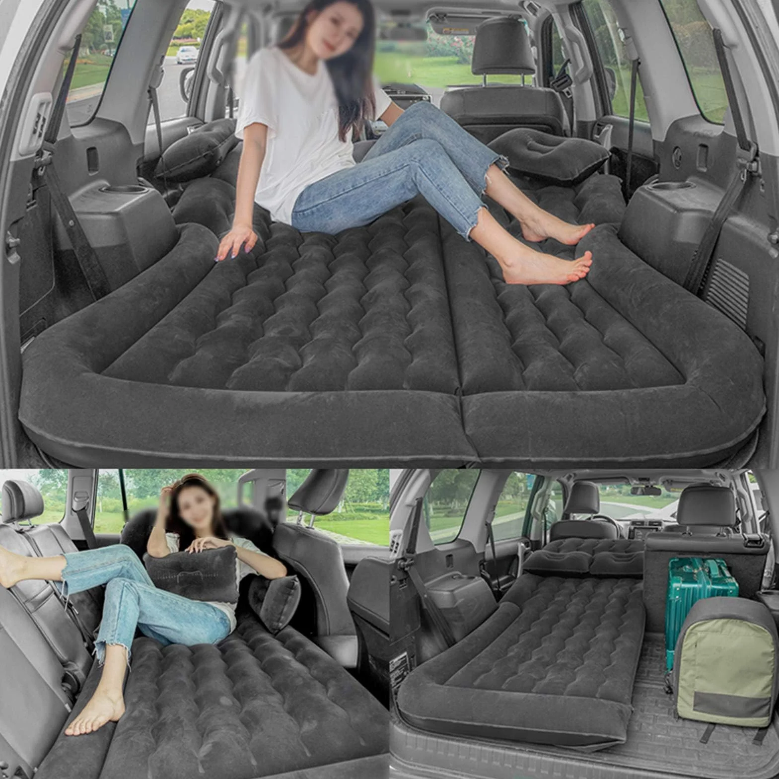 Materac Samochodowy SUV, Nadmuchiwany Materac Przenośne Ruchome Grubsze łóżko Powietrzne z Pompą Powietrza i Dwiema Poduszkami do Podróży Camping Zajęcia na świeżym Powietrzu 174 X 126 Cm(czarny)